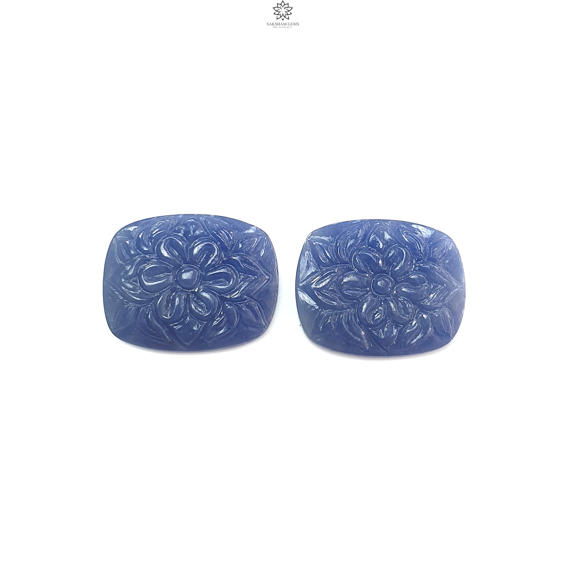 Natural Blue Sapphire Gemstone Carving - 34.70cts Untreated Hand-Carved Cushion Shape (22x17mm) Pair, September Birthstone | Perfect for Jewelry Making, Engagement Rings & Birthstone Gifts