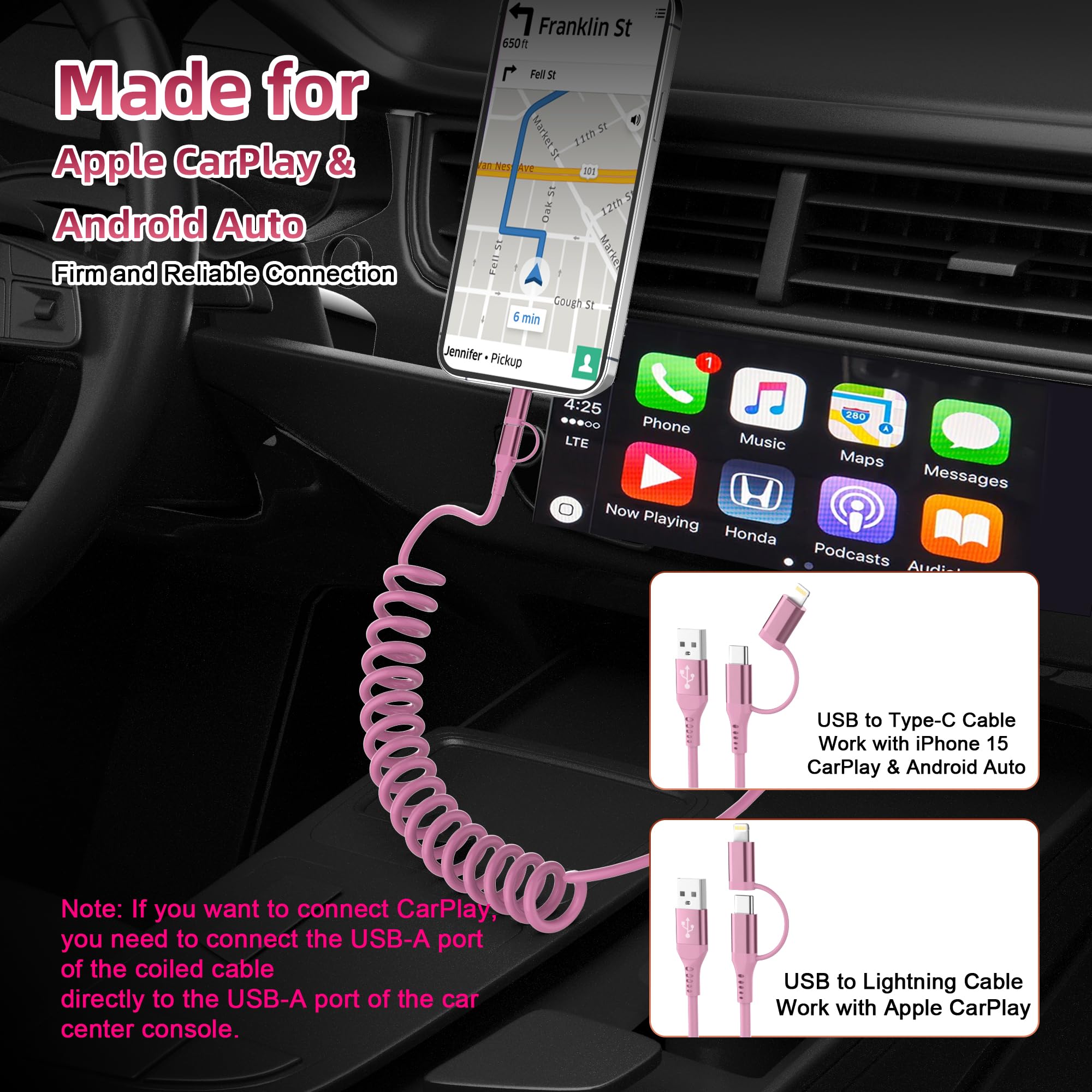 2-in-1 USB to USB-C & Lightning Coiled Cable - MFi Certified Fast Charging & Data Sync Compatible with iPhone 15/14/13/12 & Android Devices (Pink) | Perfect for CarPlay, Android Auto & Travel Charging