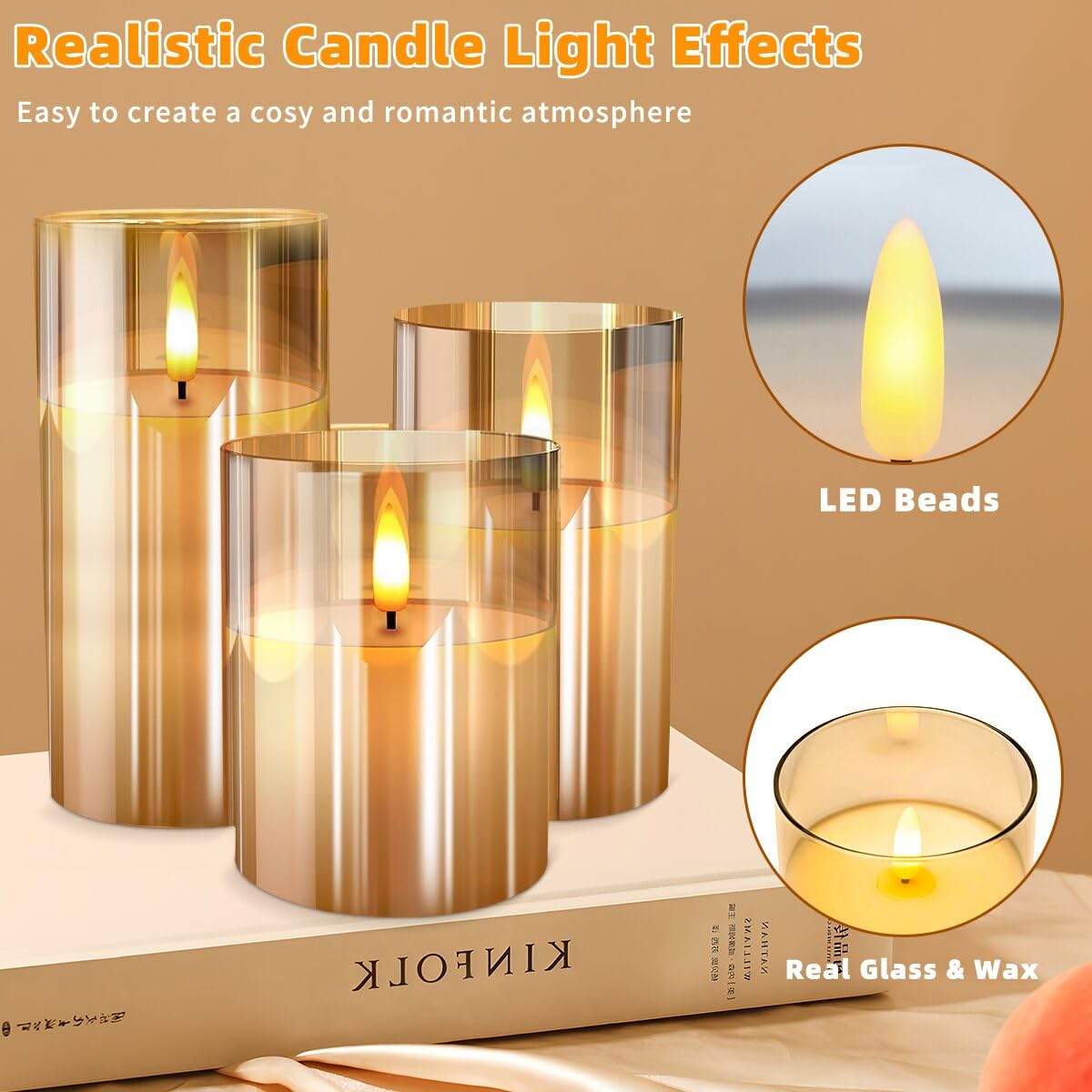 Flickering Flameless LED Candles with Remote Control & Timer - Set of 3 Gold Glass Effect Battery Operated Candles for Wedding, Party, Home Decor - Perfect for Romantic Dinners, Holiday Centerpieces & Spa Relaxation