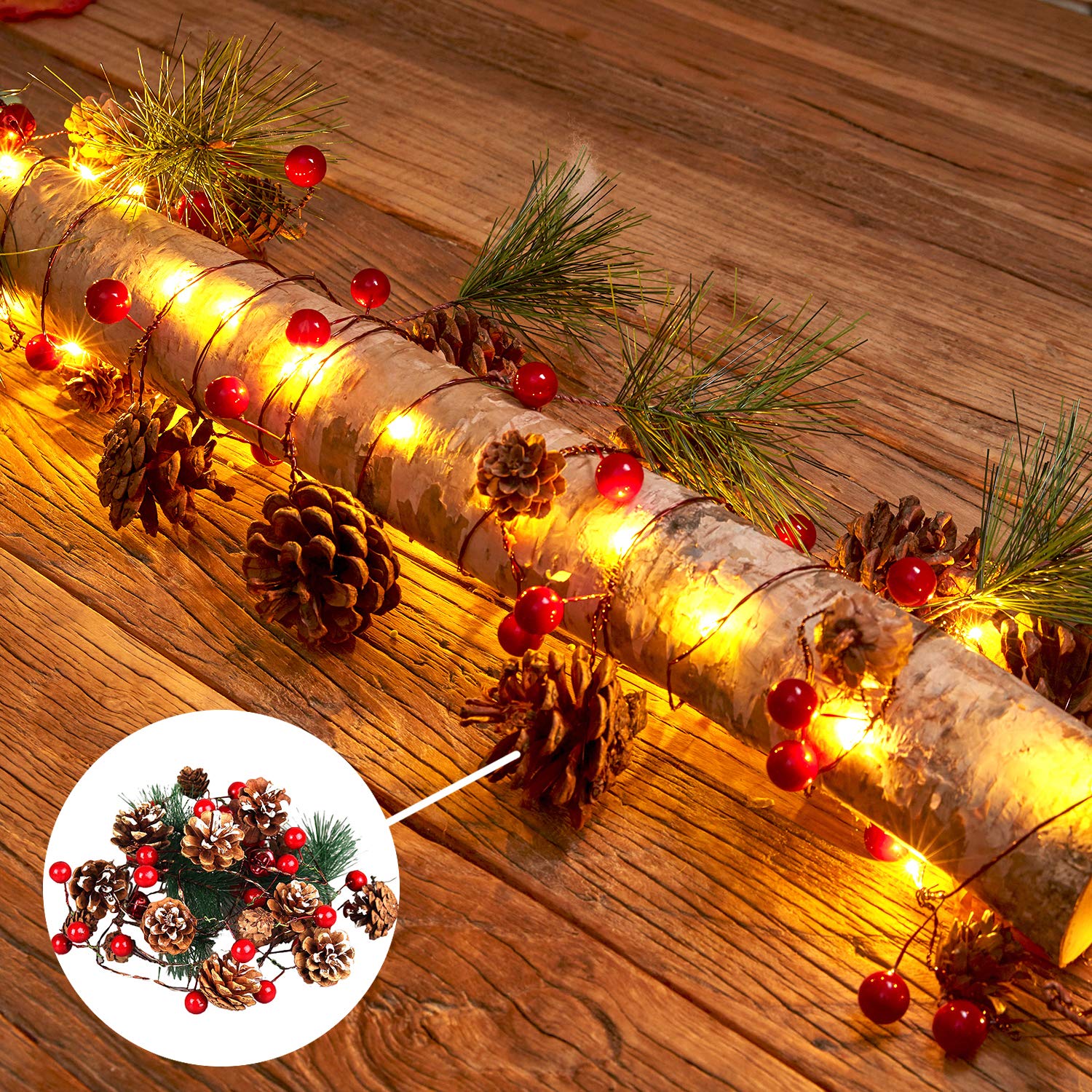 40 LED Pine Cone Christmas Garland Lights - 10ft Battery Operated Red Berry Xmas Decor for Indoor Outdoor, Garden, Gate, Holiday Home Decoration | Perfect for Winter Parties, Fireplace Mantel & Front Door Wreath