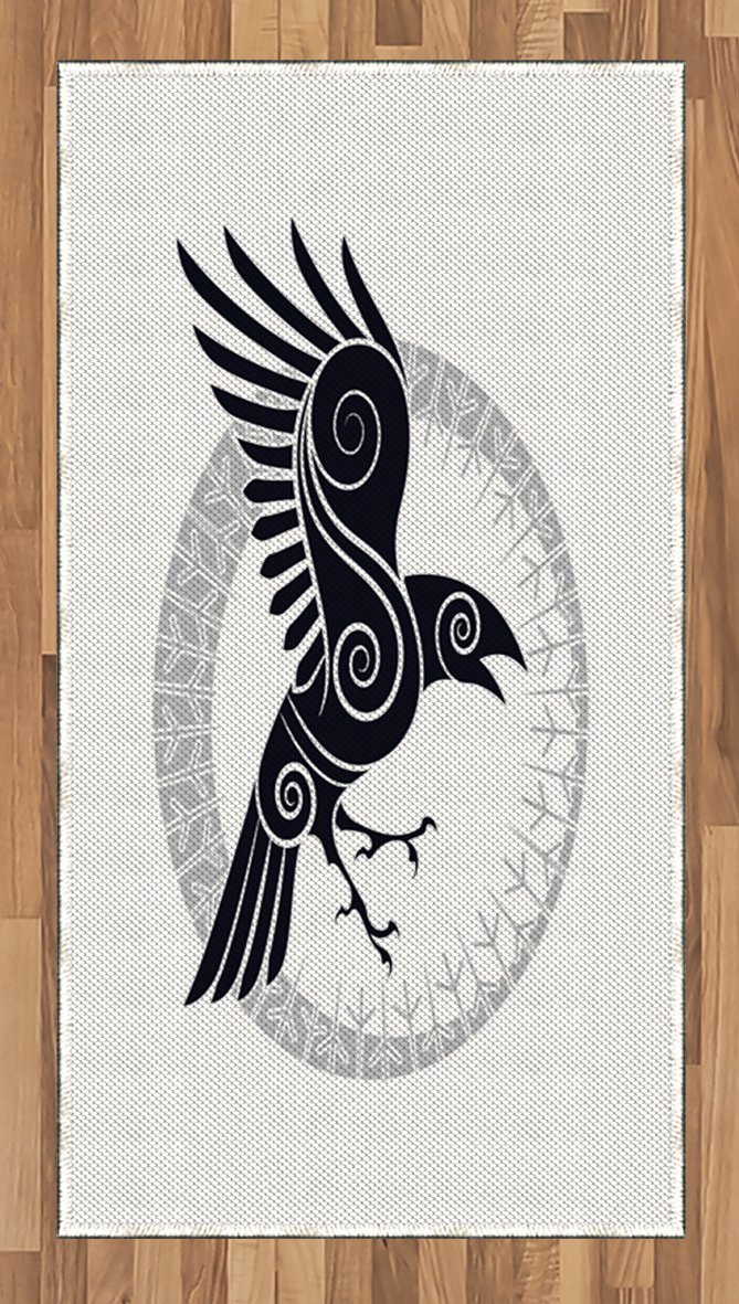 Raven Area Rug - Abstract Celtic Bird Design with Runic Circle, Flat Woven Accent Rug for Living Room, Bedroom, Dining Room - 2'6