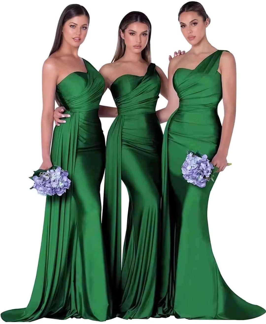 Mermaid Bridesmaid Dresses Long One Shoulder Satin Prom Gowns for Women - Elegant Wedding Guest Dress with Train in Emerald Green | Perfect for Beach Weddings, Formal Events & Evening Parties