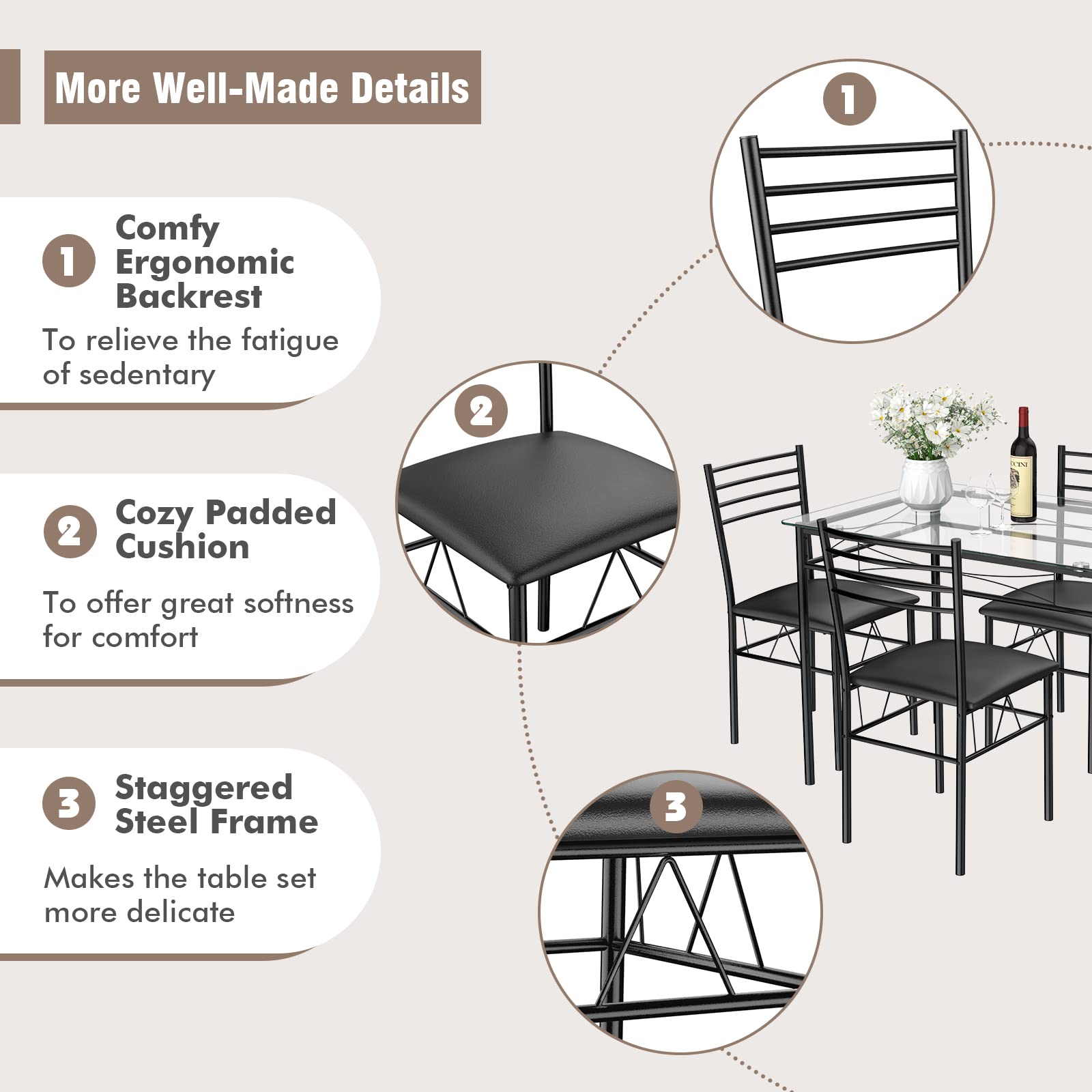 Tangkula 5-Piece Dining Table Set with Tempered Glass Top & 4 Chairs - Modern Kitchen & Dining Room Furniture in Black - Perfect for Small Spaces, Apartments & Family Meals
