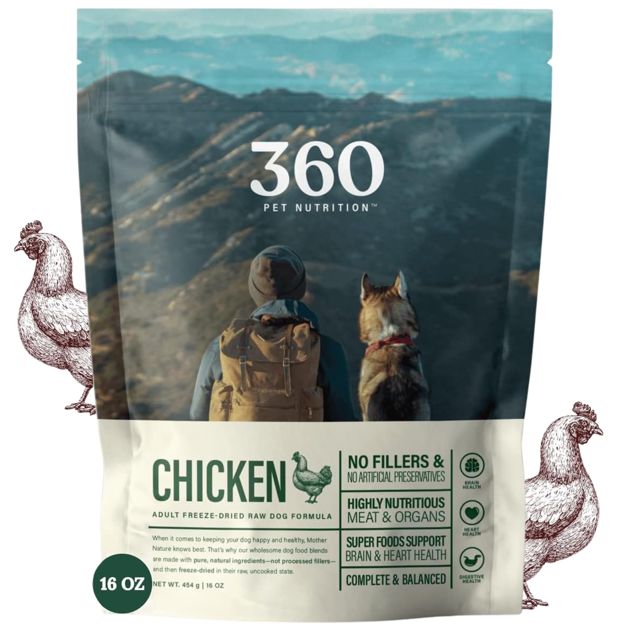 360 Pet Nutrition Freeze-Dried Raw Dog Food - High Protein Chicken Recipe with Liver, Heart, Fruits & Veggies | Grain-Free, No Fillers | 16 oz Kibble for Small & Large Dogs | Perfect for Training, Travel & Daily Meals