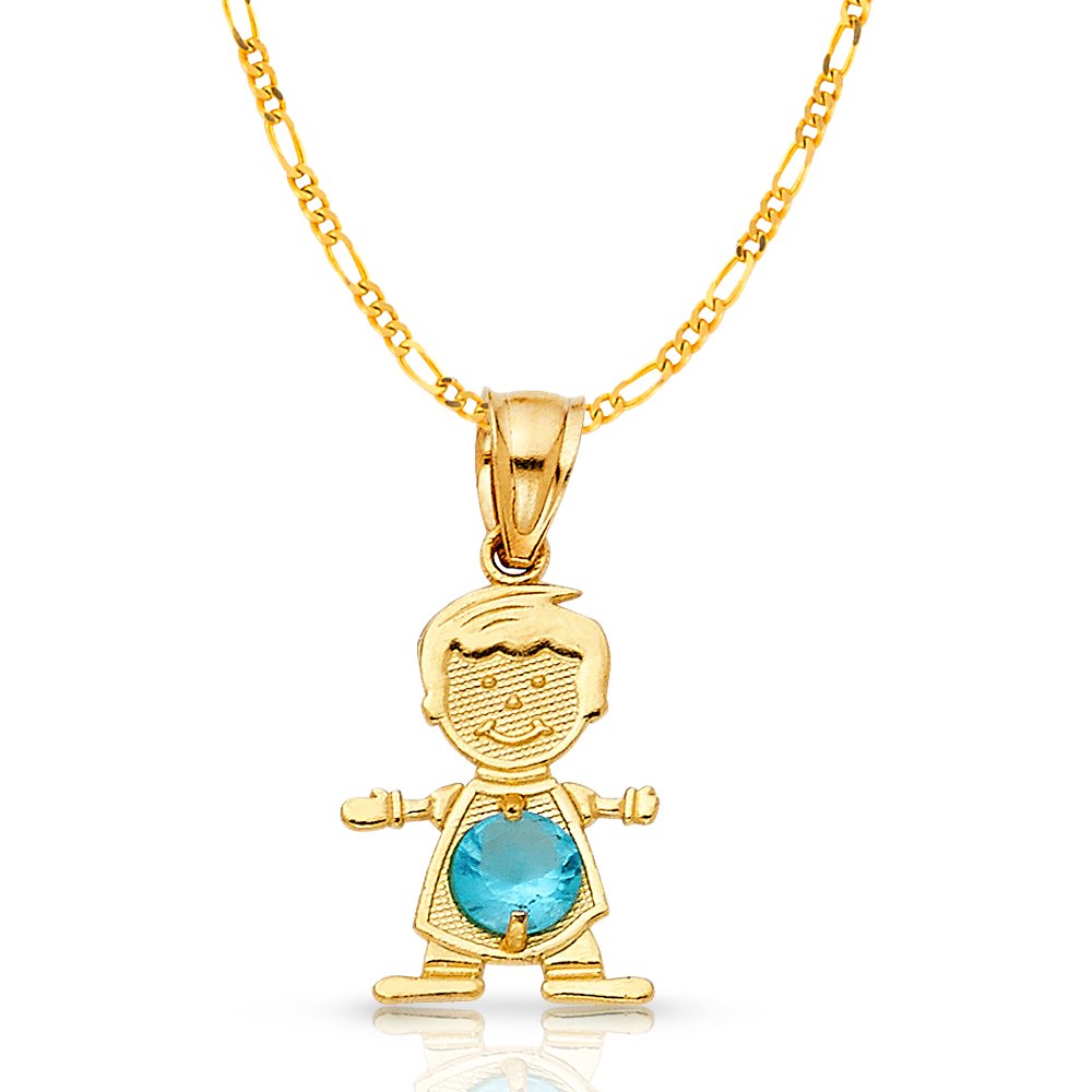 14K Yellow Gold December Birthstone Cubic Zirconia CZ Boy Charm Pendant with 1.9mm Figaro 3+1 Chain Necklace - Perfect Gift for Christmas, Birthday & Anniversary Jewelry for Women & Girls