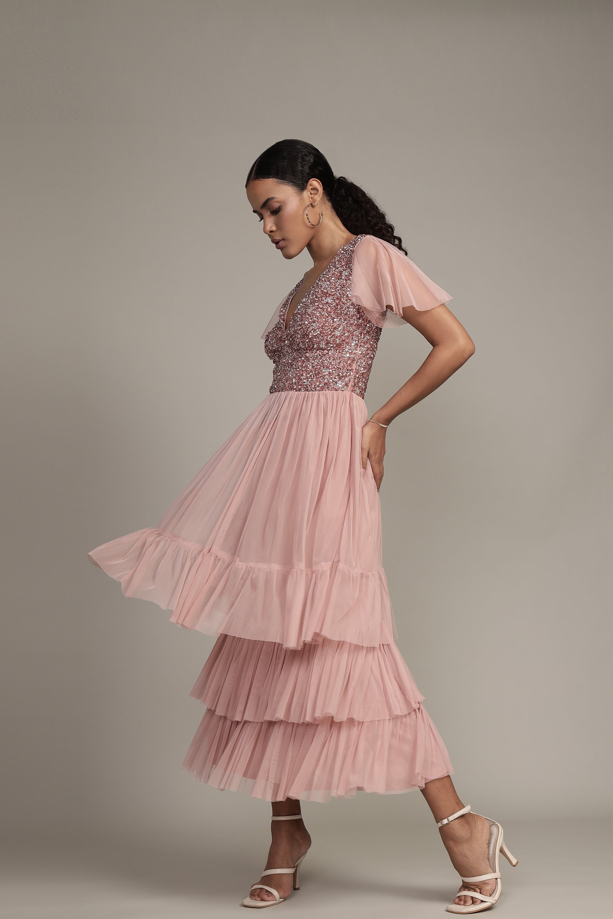 Maddie Embellished Midi Dress in Dusty Pink - Elegant Floral Lace Party Dress for Weddings, Cocktails & Special Occasions