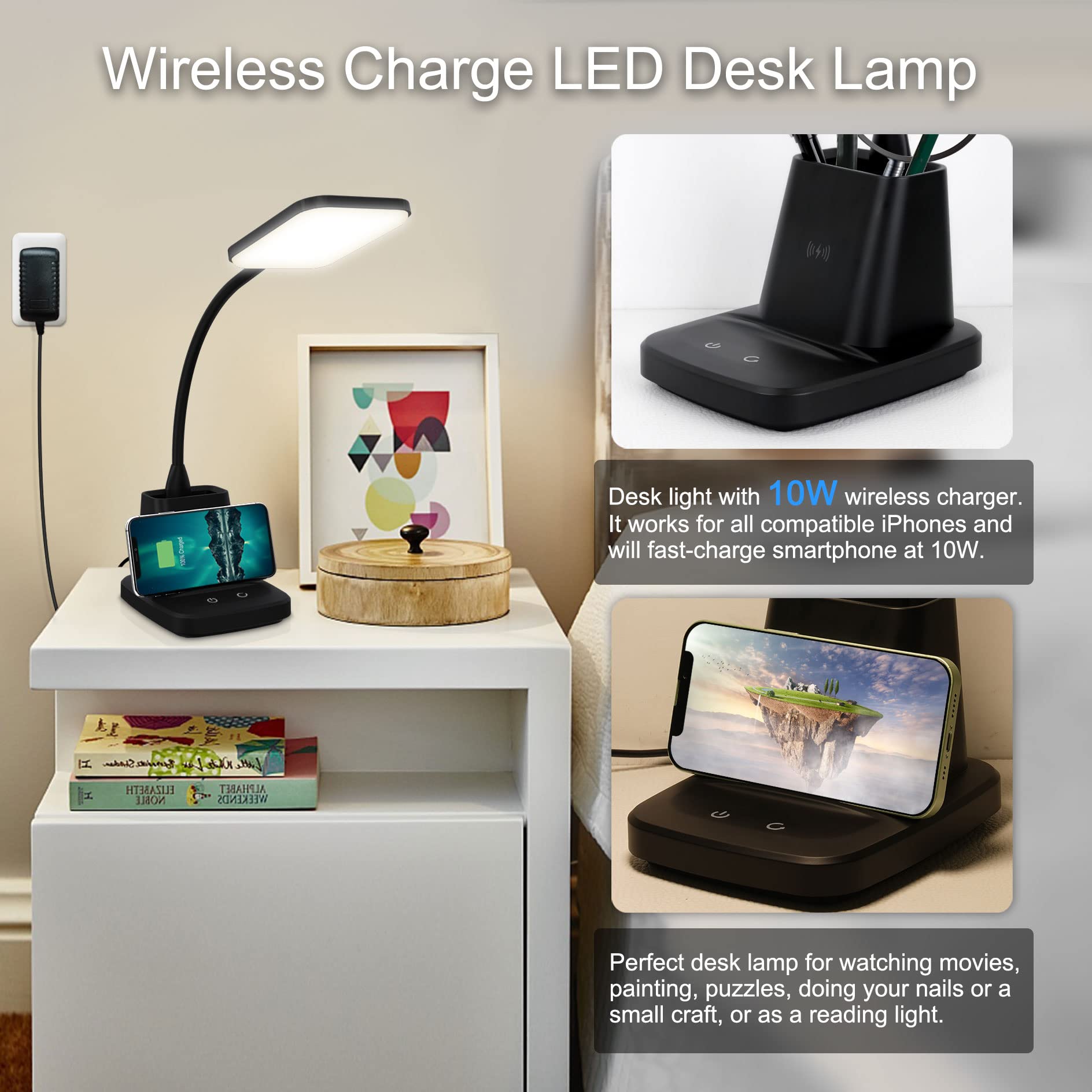 Sailstar LED Desk Lamp with Wireless Charger & Pen Holder - 3 Color Modes, Dimmable, 800LM, CRI85 - Perfect for Home Office, Study & College Dorm Room (Black, Adapter Included)
