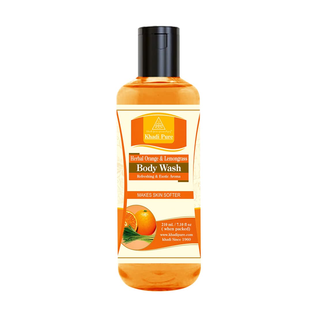 Khadi Pure Herbal Orange & Lemongrass Body Wash 210ml - Natural Ayurvedic Shower Gel for Soft Skin | Refreshing Citrus Aroma for Morning & Evening Bath
