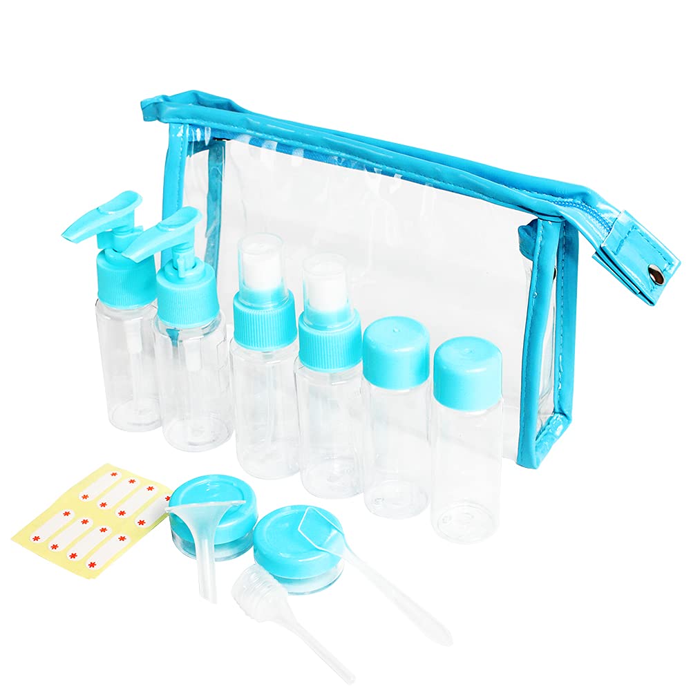 TSA Approved Travel Bottles Kit - 11-Piece Leak Proof Portable Toiletry Containers Set for Lotion, Shampoo, Cream & Soap | Clear PET Cosmetic Bottles for Airplane Carry-On | Perfect for Vacations, Gym & Business Trips (Blue Plastic)
