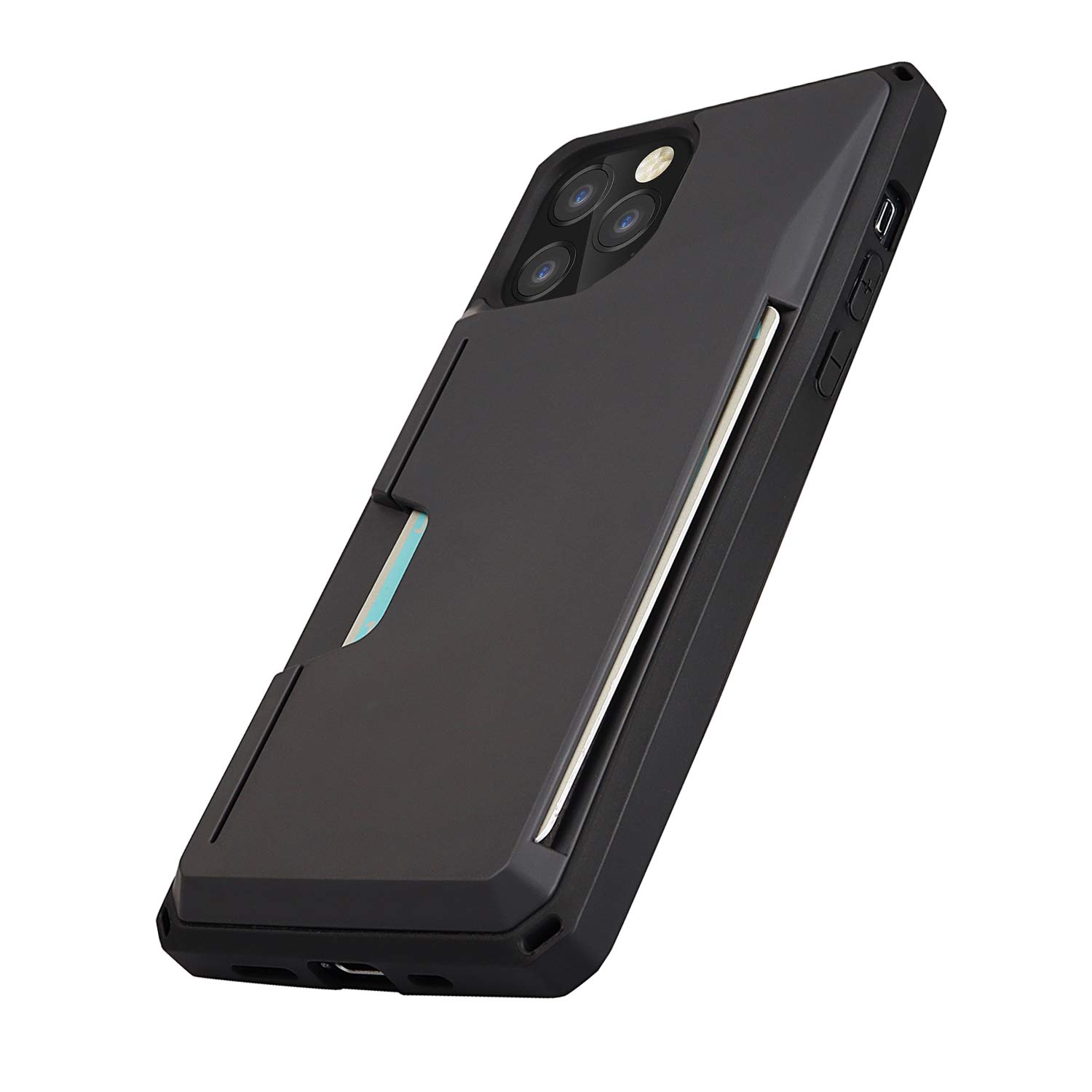 QLTYPRI Slim Wallet Case for iPhone 12 Pro Max (6.7 inch) - Black | Hard PC Back Cover with Credit Card Holder Slots, Built-in Kickstand & Wrist Strap | Protective Phone Case for Everyday Use, Travel & Business
