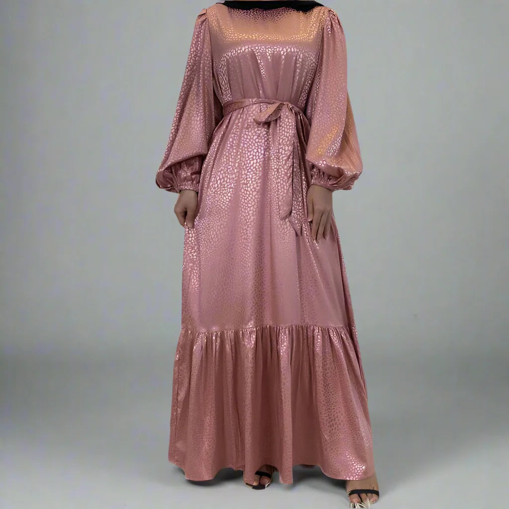 Elegant Muslim Women's Satin Printed Abaya Dress with Pockets - Modest Islamic Prayer Dress for Mosque, Eid & Special Occasions