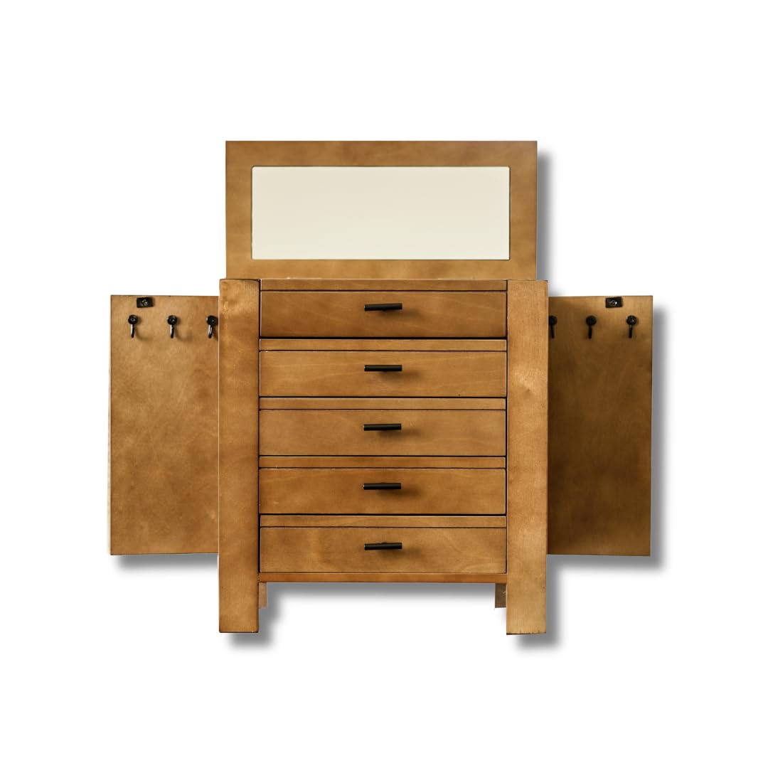 Emma Elegant Jewelry Organizer - 4-Drawer Wooden Chest with Necklace Hooks & 2 Doors - Stylish Dresser-Top Storage Box for Necklaces, Rings & Accessories - Pine Wood Jewelry Box for Bedroom Vanity & Gift Giving