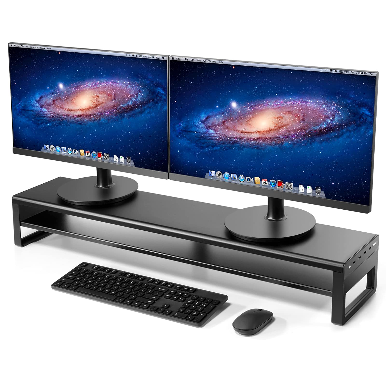 Vaydeer 2-Tier Dual Monitor Stand with USB 3.0 Ports - Heavy Duty Aluminum Monitor Riser for Computer, PC, Laptop, TV & Printer - Space Saving Black Metal Desk Organizer - Perfect for Home Office & Gaming Setup