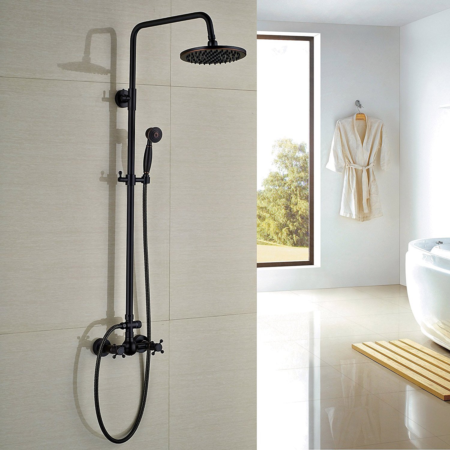 Rozin Oil Rubbed Bronze Complete Exposed Shower System - 8 Inch Rain Shower Head with 2 Cross Knobs, Wall Mounted Bathroom & Outdoor Shower Fixture for Luxurious Spa Experience