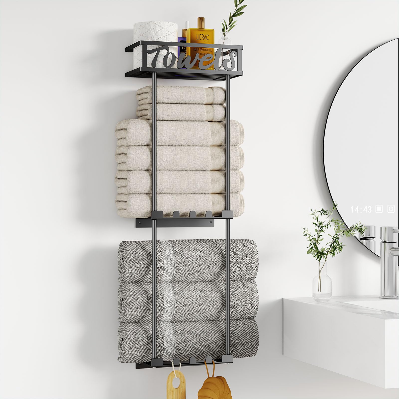 3-Tier Wall Mounted Towel Rack Organizer with Storage Basket & 6 Hooks - Space Saving Bathroom Storage Solution for Rolled Towels, Washcloths & Toiletries - Perfect for Small Bathrooms, Laundry Rooms & Spa Areas (Black)