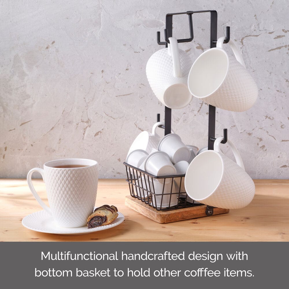 Stella Mug Tree with Storage Basket - Rustic Wooden Cup Holder for Coffee Mugs & Tea Cups - Kitchen Countertop Organizer for Small Spaces