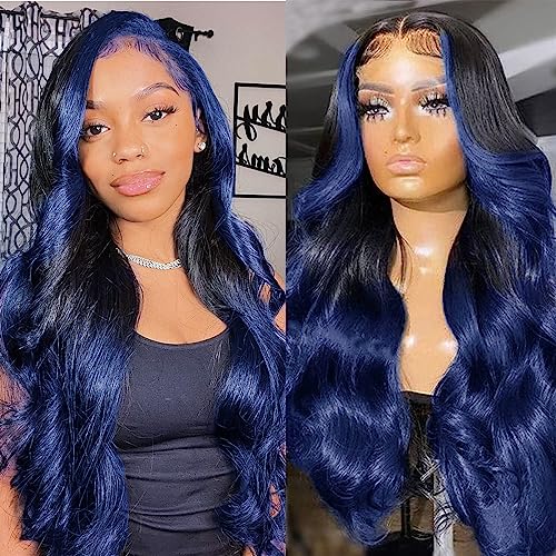 Ombre Blue 13x4 HD Lace Frontal Wig | Skunk Stripe Body Wave Human Hair Wig with Dark Blue Ends | 150% Density Pre-Plucked Natural Hairline & Baby Hair | 22 Inch Colored Wigs for Black Women | Perfect for Parties, Cosplay & Daily Styling