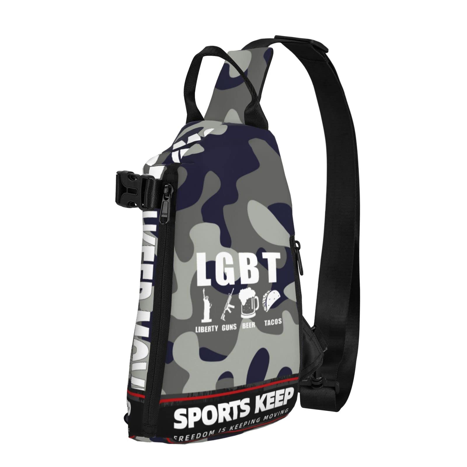 Funny LGBT Liberty Guns Beer Parody Camouflage Crossbody Sling Backpack - Unisex Travel Hiking Chest Bag for Men & Women - Perfect for Outdoor Adventures, Festivals & Daily Use