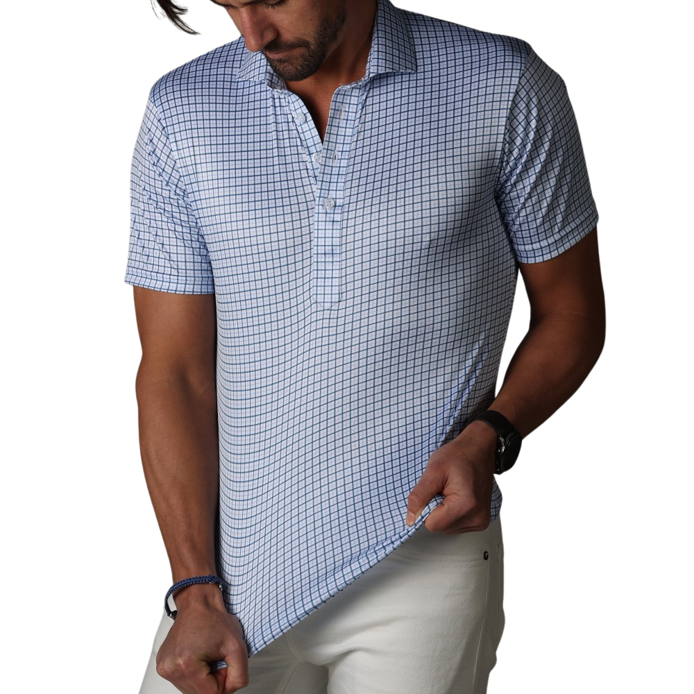 Men's Blue Tattersall Semi-Spread Collar Polo Shirt by Collars & Co | Classic Casual & Business Wear for Office, Golf & Outdoor Activities