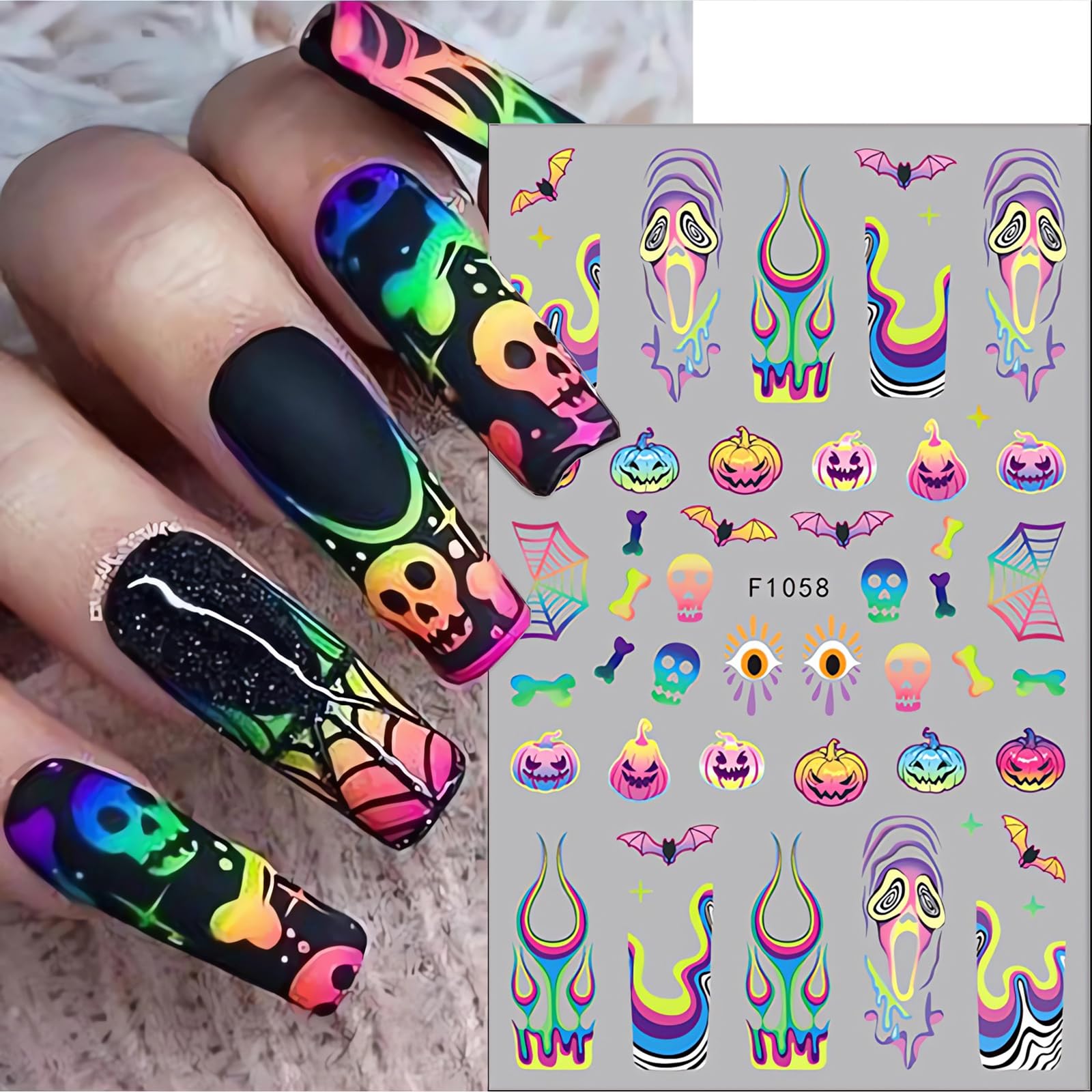 4Pcs Halloween Nail Stickers - Scary Ghost, Pumpkin, Spider, Bat & Skull Designs for Nail Art - French Tip Gel Nail Decals - Perfect for Halloween Parties, Costume Events & Spooky Nail Decorations