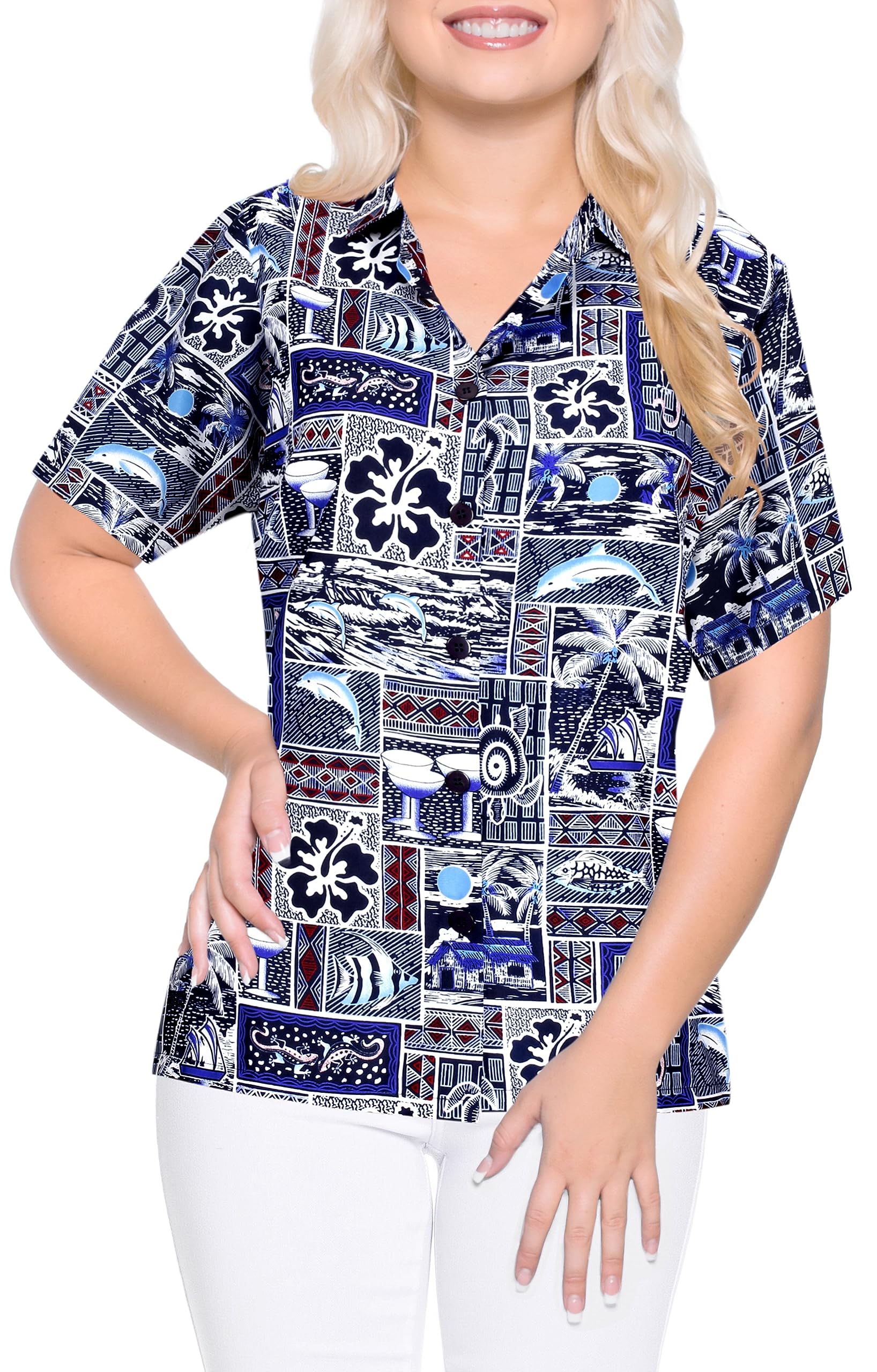 LA LEELA Women's Hawaiian Beach Short Sleeve Blouse - Floral Print Vacation Shirt for Summer, Beach Party, and Tropical Getaways