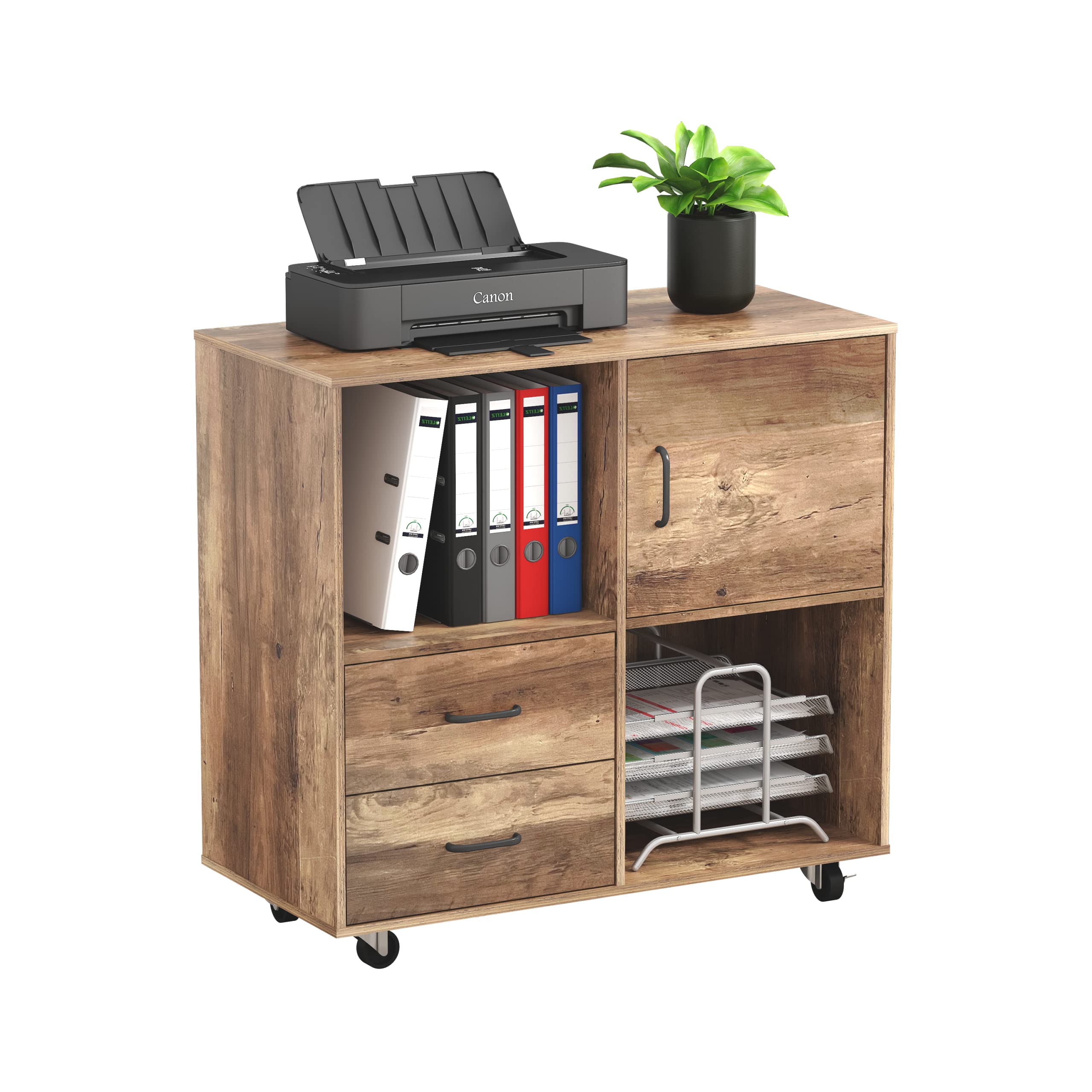 2-Drawer Wooden File Cabinet for A4/Letter Size - Mobile Lateral Filing Cabinet with Wheels & 2 Open Compartments - Perfect Under Desk Printer Stand for Home Office, Study, Bedroom Organization & Storage