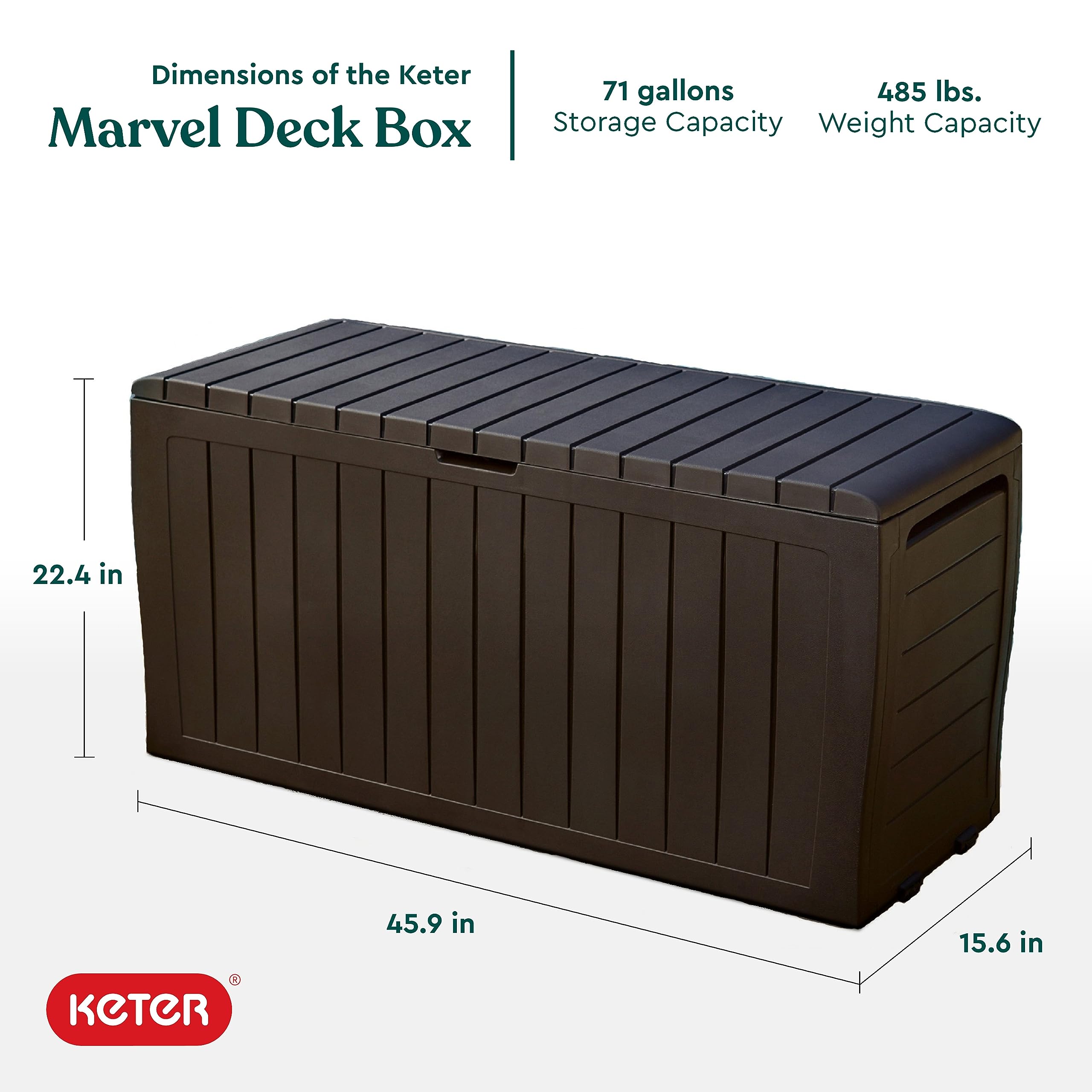 Keter Marvel Plus 71 Gallon Resin Outdoor Storage Box - Weatherproof Patio Furniture Cover for Cushions, Pillows, Garden Tools & Pool Accessories (Brown) - Perfect for Backyard, Deck & Poolside Organization