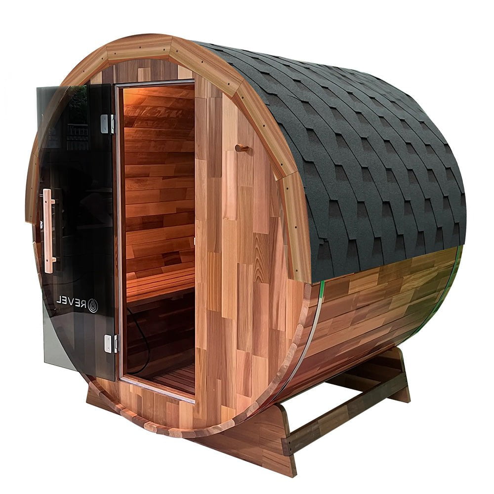 Revel Recovery Edenview 4-Person Barrel Sauna - Premium Outdoor Wooden Sauna for Home Relaxation & Detox - Perfect for Backyards, Spas, and Wellness Retreats