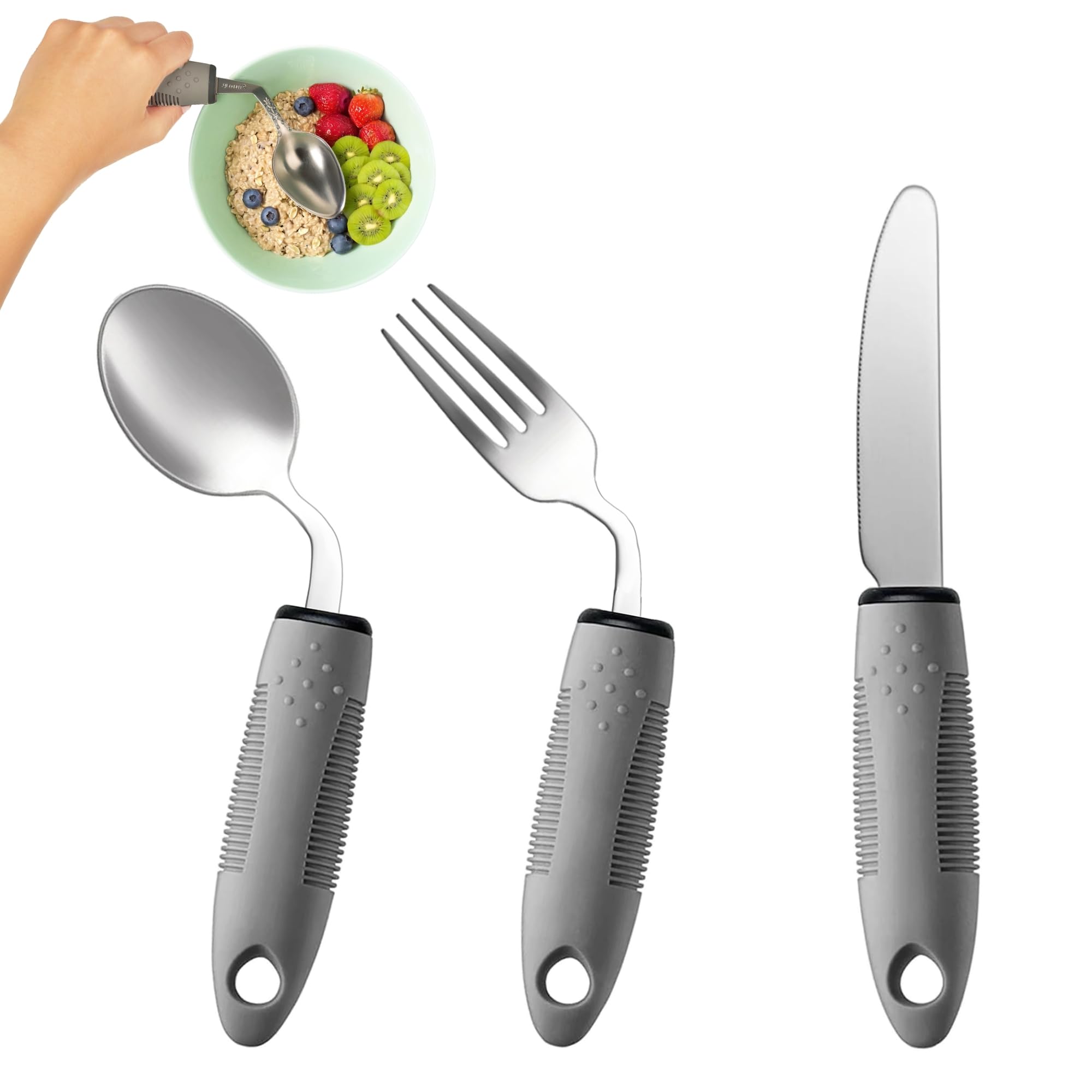 3-Piece Adaptive Utensils Set for Parkinson's & Hand Tremors - 42° Angled Weighted Silverware (2.5oz) with Easy Grip Handle, Right-Handed - Ideal for Elderly & Disabled Dining Independence