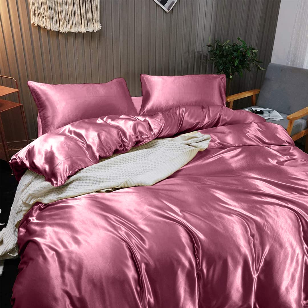 Luxury 7-Piece Full XL Silk Satin Sheet Set - Breathable Cooling Bedding with Deep Pockets - Wrinkle Free Hotel Quality Duvet Cover & Pillowcases - Dusty Pink - Perfect for Hot Sleepers & Upscale Bedroom Decor