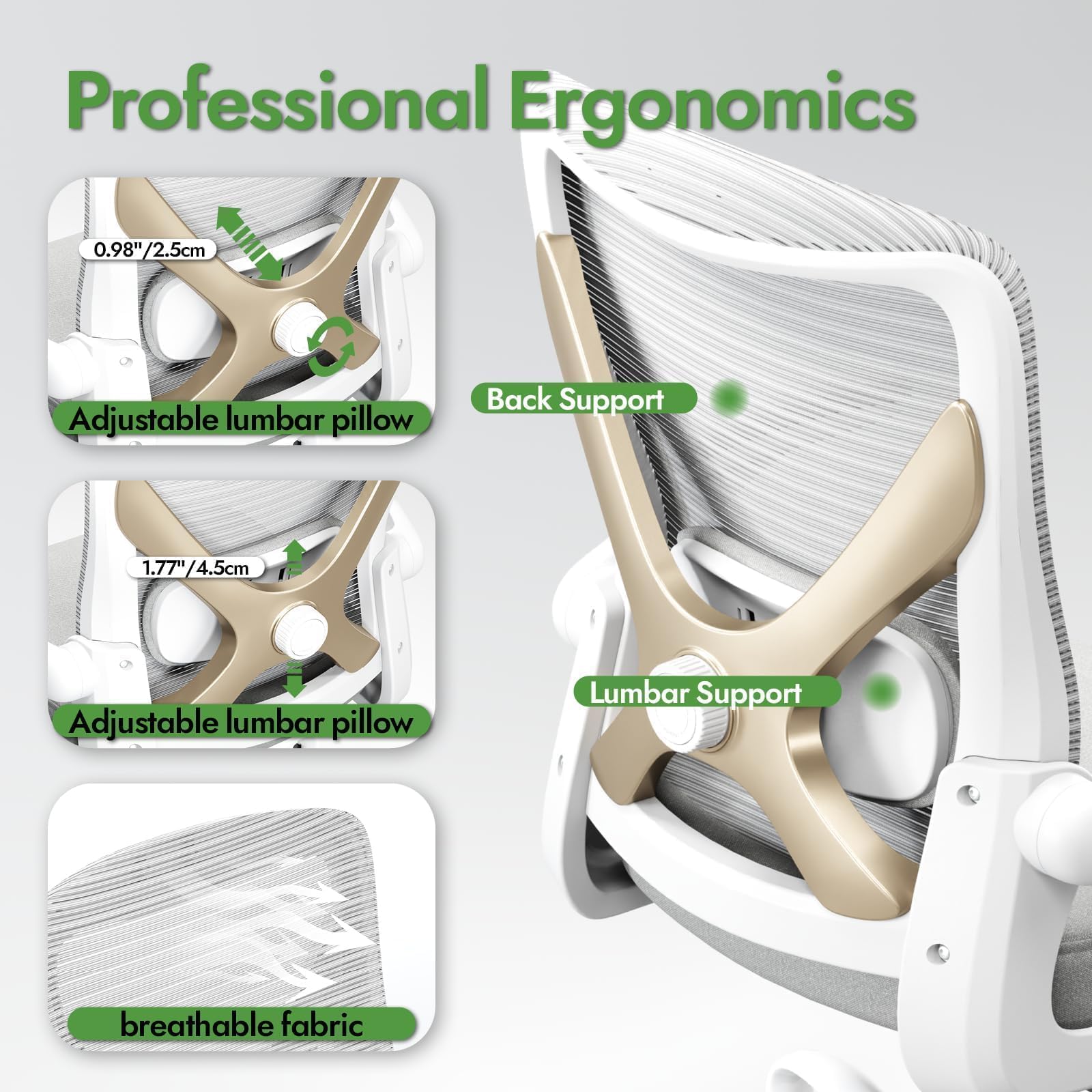 Ergonomic Office Chair with Adjustable Lumbar Support - Home Computer Desk Chair for Work, Gaming & Study - Comfortable Supportive Task Chair for Adults (Grey Gold) - Perfect for Home Office, Remote Work & Long Hours Sitting
