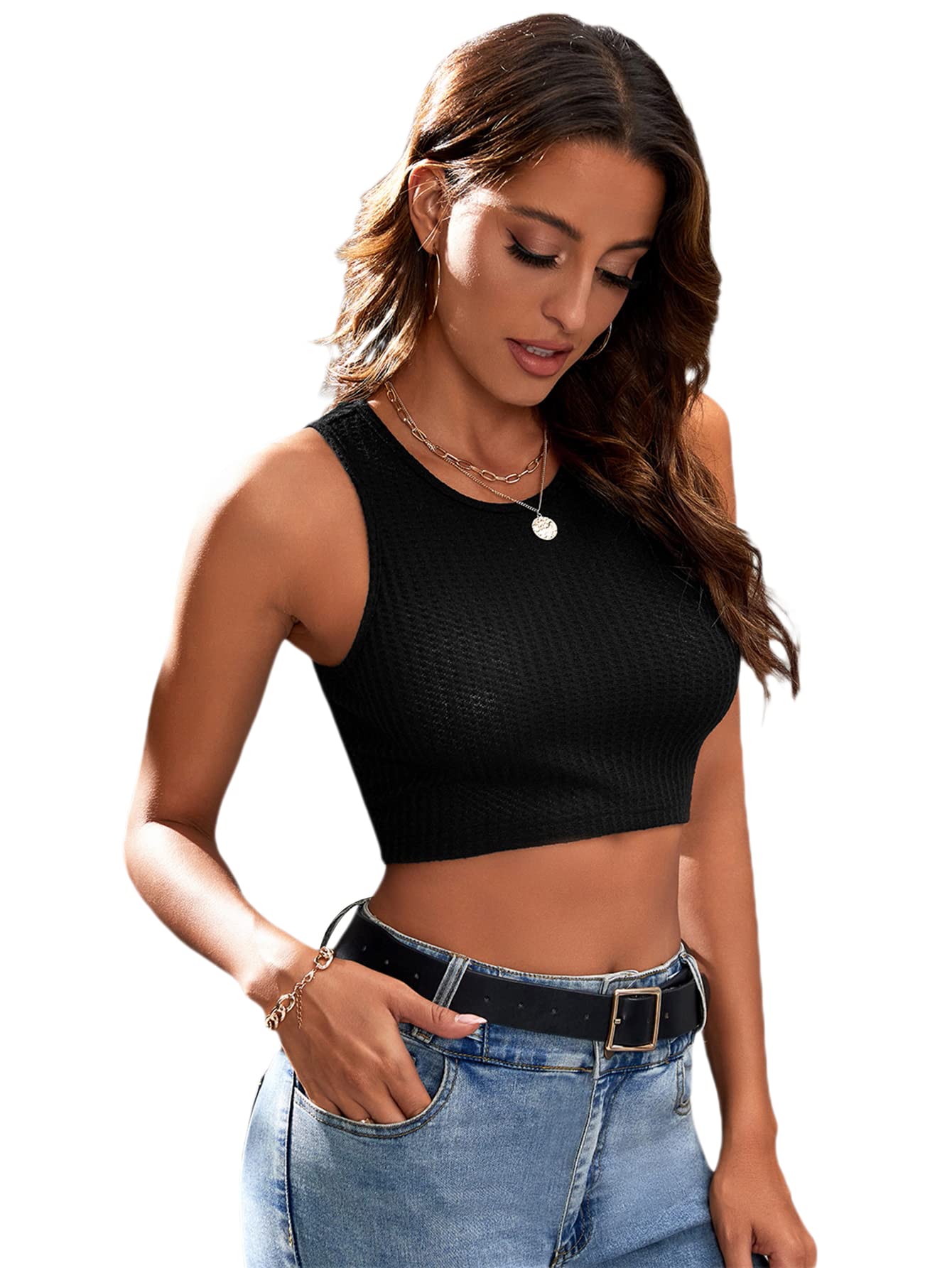 SOLY HUX Women's Sleeveless Waffle Knit Crop Top - Casual Round Neck Tank Top for Summer, Beach, and Layering Outfits