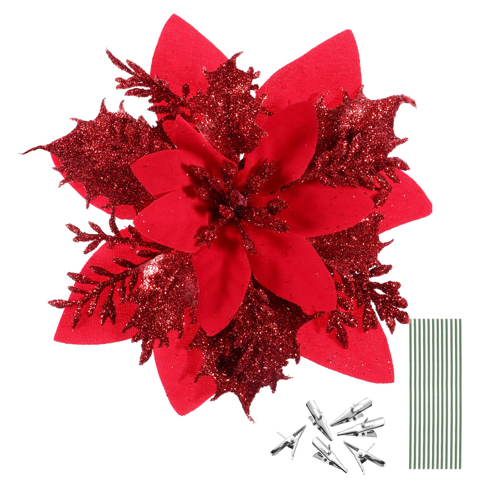 STOBOK 12 Pack Glitter Poinsettia Artificial Flowers - 6 Inch Red Christmas Tree Ornaments for Wreaths, Garlands, Holiday Party & Home Decor - Perfect for Xmas Decorations, Gift Wrapping, and Festive Centerpieces