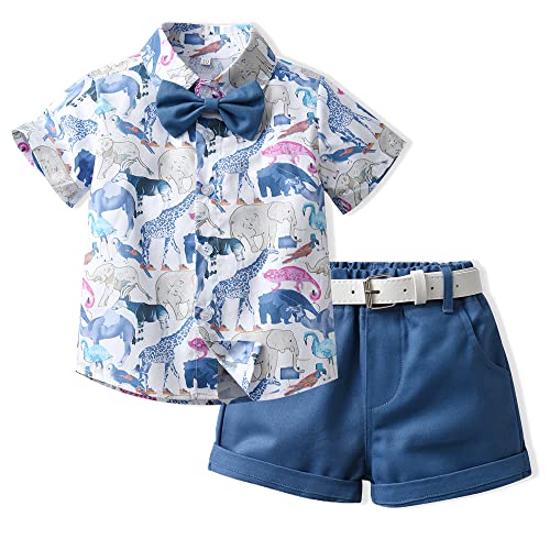 HIMEAN Boys Hawaiian Shorts Set - Summer Short Sleeve Shirt & Belted Shorts for Toddler Beach Outfits