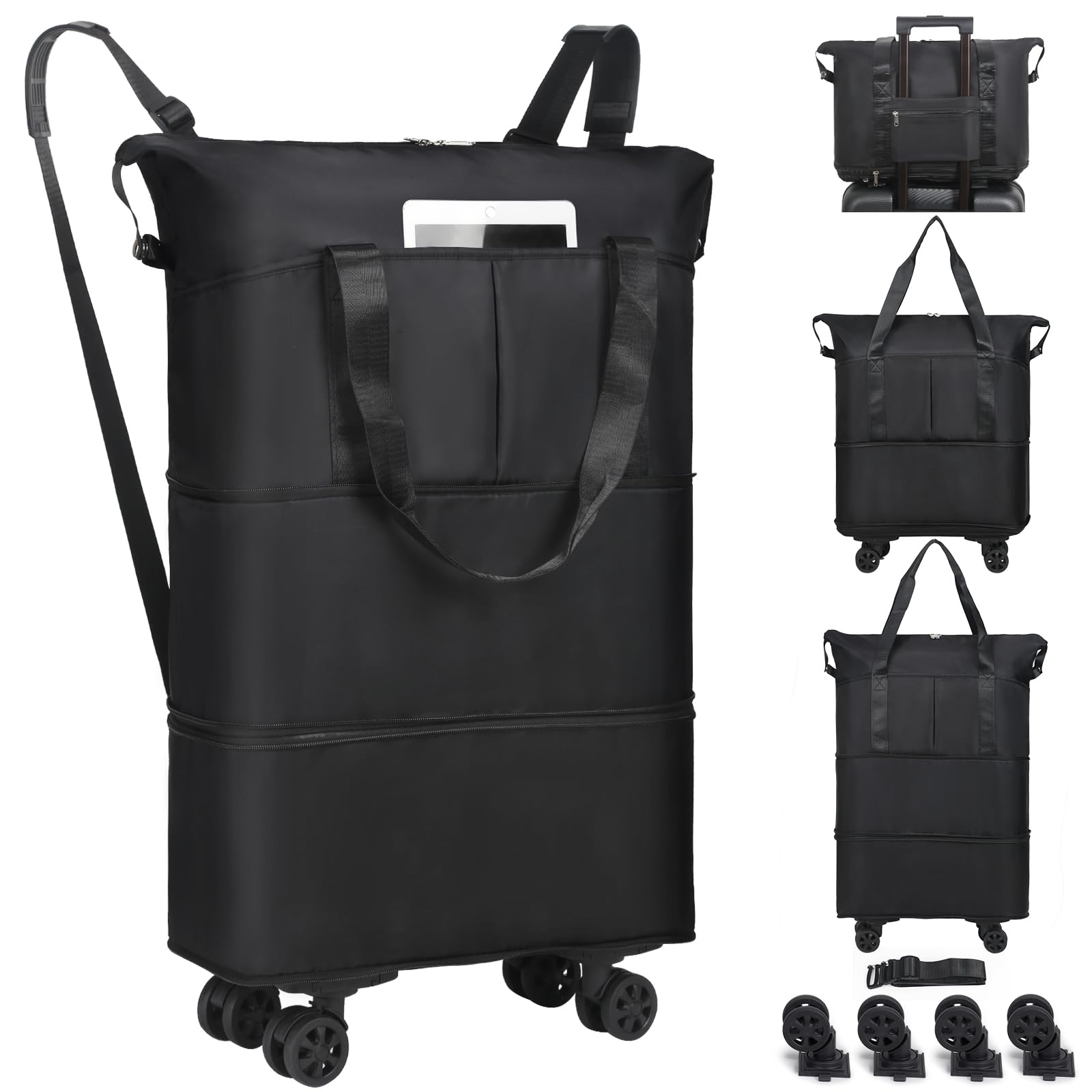 VOOWO Expandable Rolling Duffel Bag with Wheels - Large Foldable Wheeled Travel Duffle for Carry On Luggage, Overnight Weekender Bag - Perfect for Air Travel, Gym, Camping & Weekend Getaways (Black)