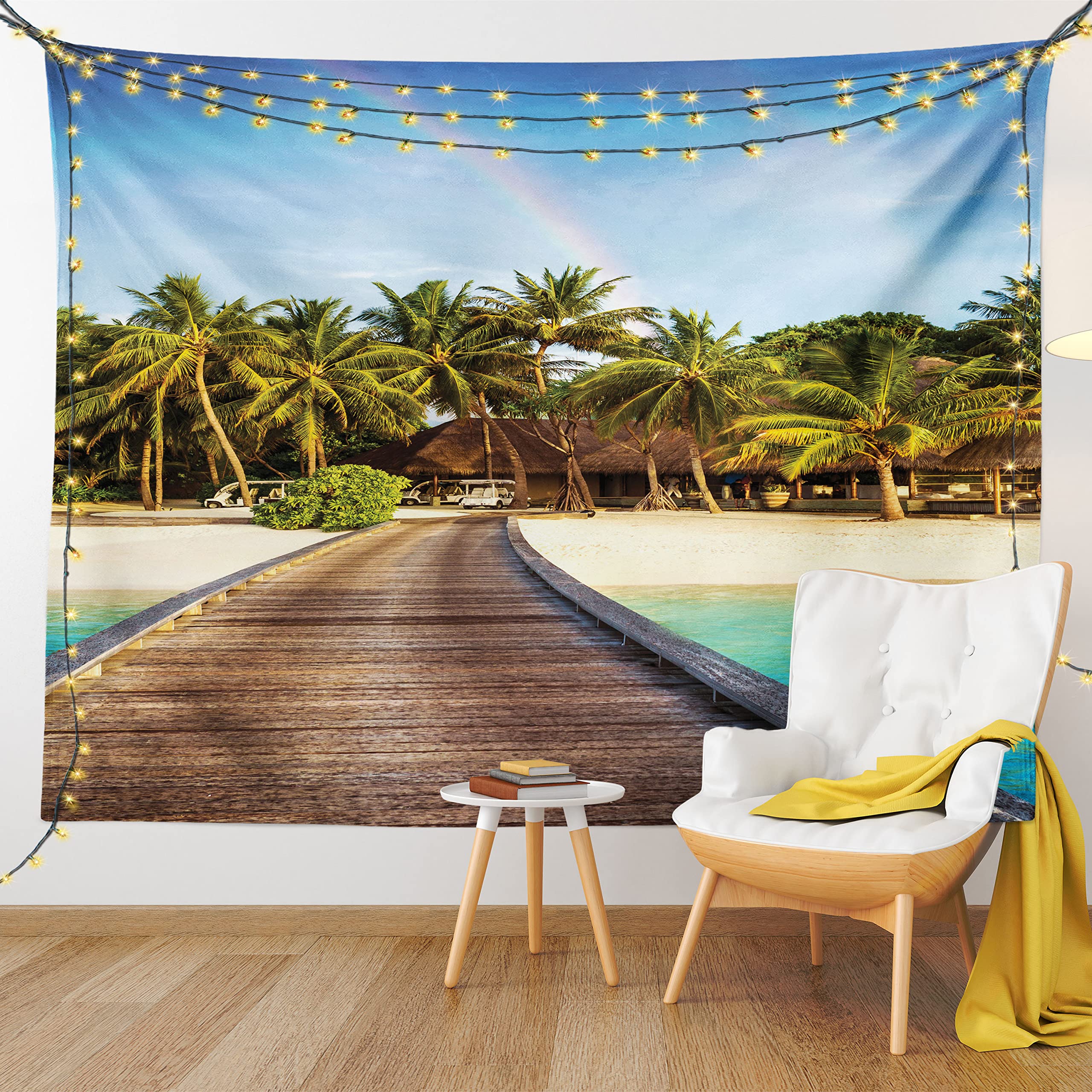 Ambesonne Beach Tapestry Wall Art - Wooden Bridge to Tropical Island with Rainbow Over Palm Trees - 40x60 Inch Brown Green Wall Hanging for Bedroom, Living Room, Dorm Decor - Perfect for Beach House, Boho Room & Vacation Themed Spaces