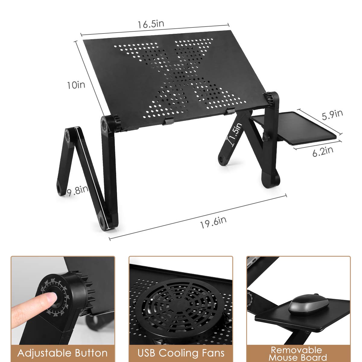 MOSAJIE Adjustable Laptop Bed Table with Cooling Fan & Mouse Pad - Portable Ergonomic Lap Desk for Work, Study & Entertainment in Bed, Sofa or Standing Position