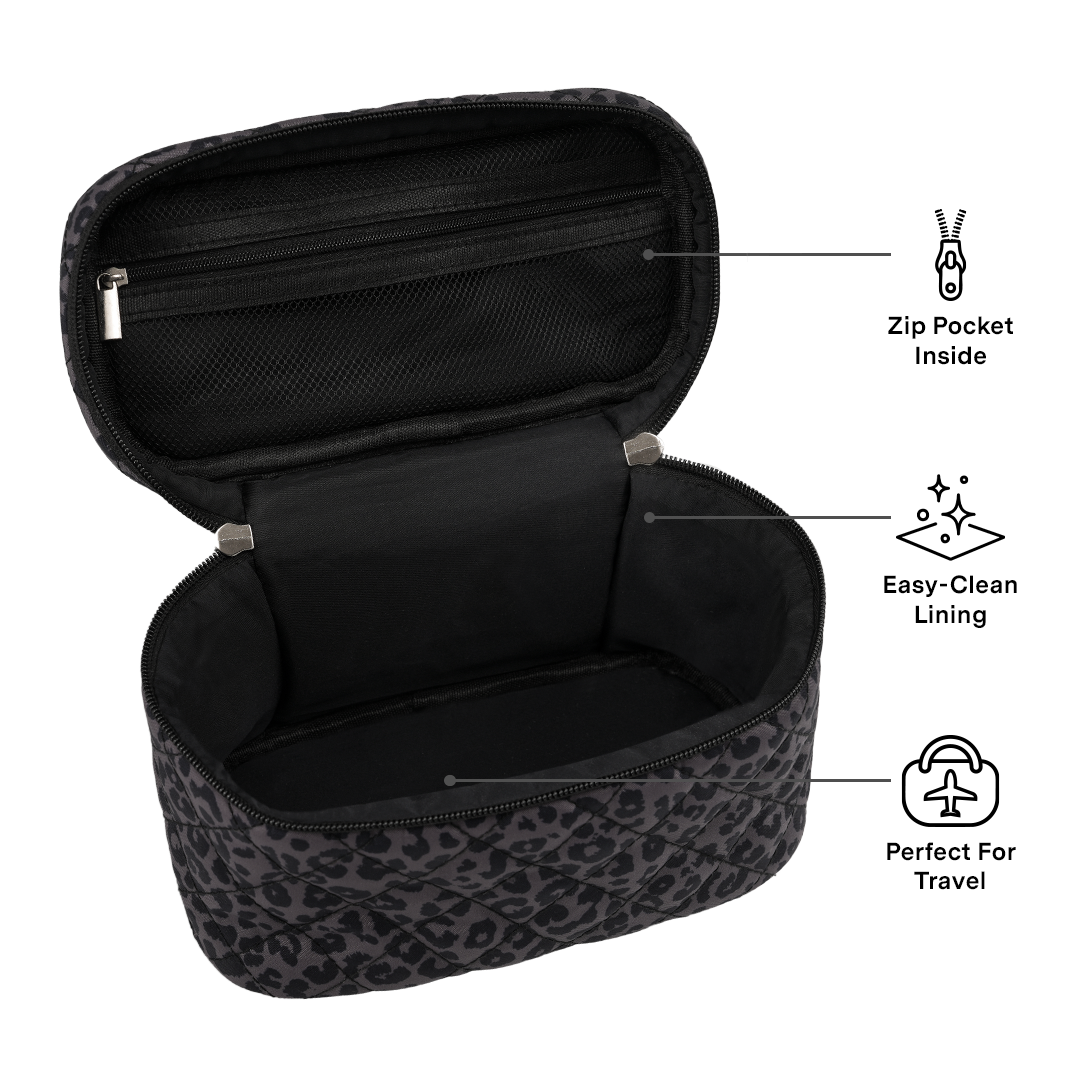 Stylish Black Leopard Print Vanity Bag for Women - Fashionable Makeup Cosmetic Pouch & Travel Organizer (Perfect for Parties, Weddings & Daily Essentials Storage)