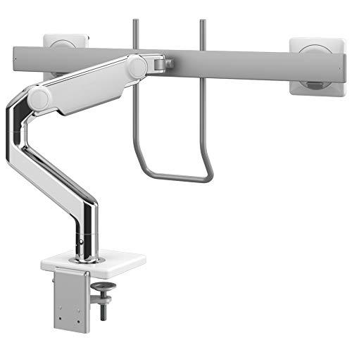 Humanscale M8.1 Dual Monitor Arm - Adjustable Height & Swivel, Crossbar & Handle, 2-Piece Clamp Mount (Polished Aluminum/White Trim) - Perfect for Home Office & Workstation Setup - M81CMWBHB