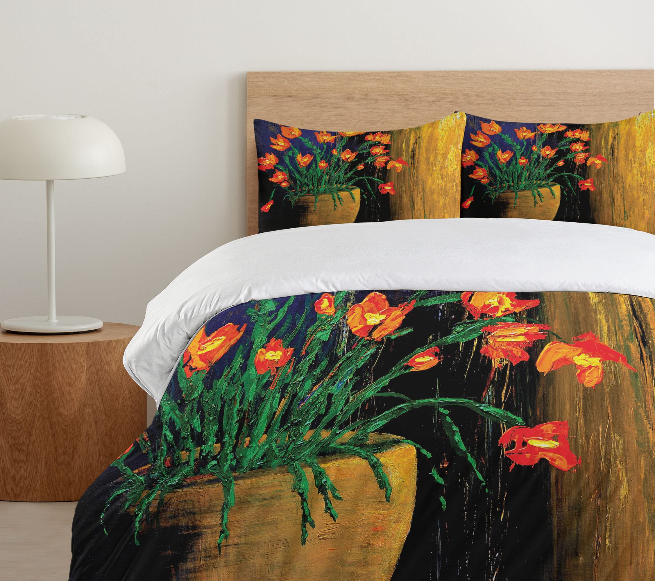 Ambesonne Floral Duvet Cover Set Queen Size - Oil Painting Botanical Vase Design Weathered Look - 3 Piece Bedding Set with 2 Pillow Shams - Vermilion Blue - Perfect for Bohemian Bedroom Decor & Guest Room Styling