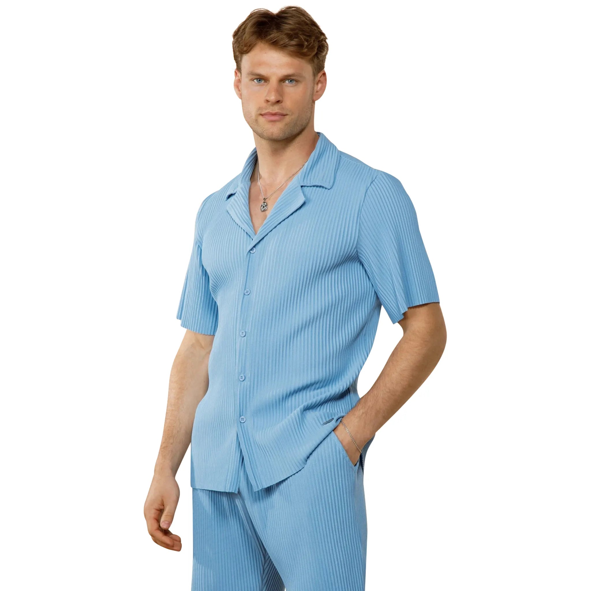 Belier Pleated Short Sleeve Light Blue Resort Shirt for Men - Casual Summer Beach Wear & Tropical Vacation Outfit