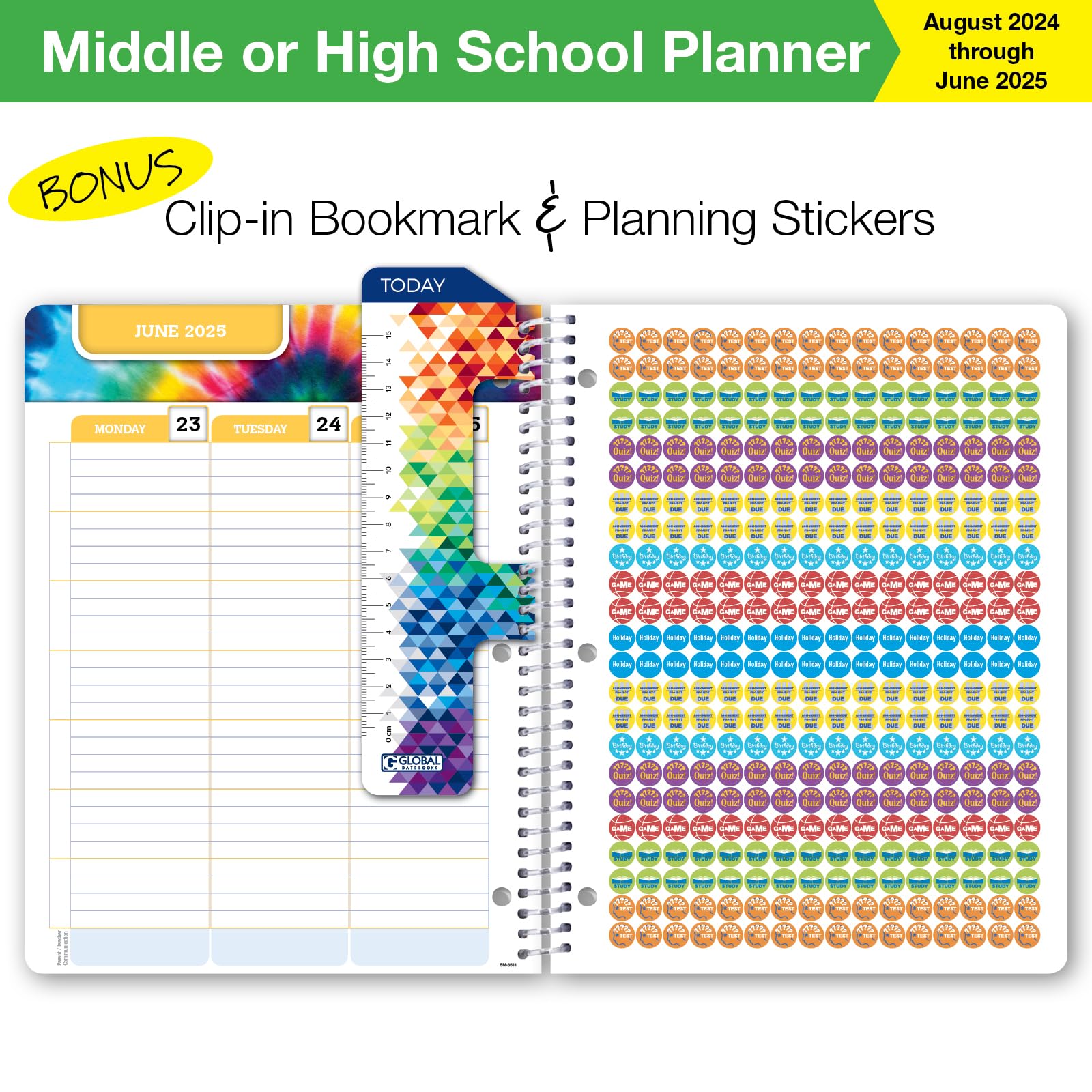 2024-2025 Academic Planner for Middle & High School Students - Dated School Organizer with Ruler, Bookmark & Stickers (8.5