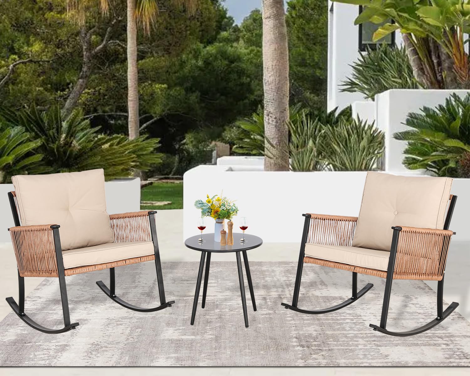 3-Piece Rocking Bistro Set - Oversized Rattan Patio Furniture with Thick Cushions & Coffee Table - Outdoor Conversation Set for Garden, Balcony, Backyard (Tan-Beige) - Perfect for Relaxing, Entertaining & Enjoying Morning Coffee in Your Outdoor Space