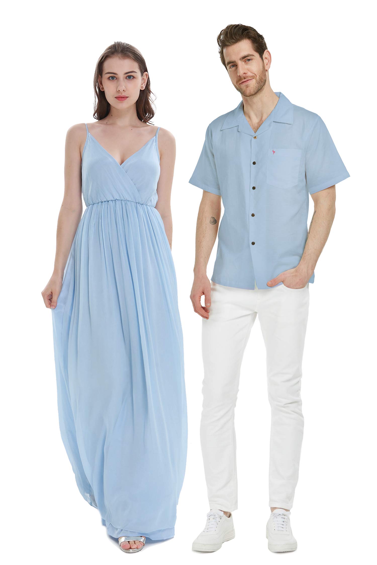 Hawaiian Beach Wedding Outfits - Matching Linen Shirt for Groomsmen & Chiffon Dress for Bridesmaids in Periwinkle Blue - Perfect for Tropical Weddings, Beach Parties, and Vacation Photos