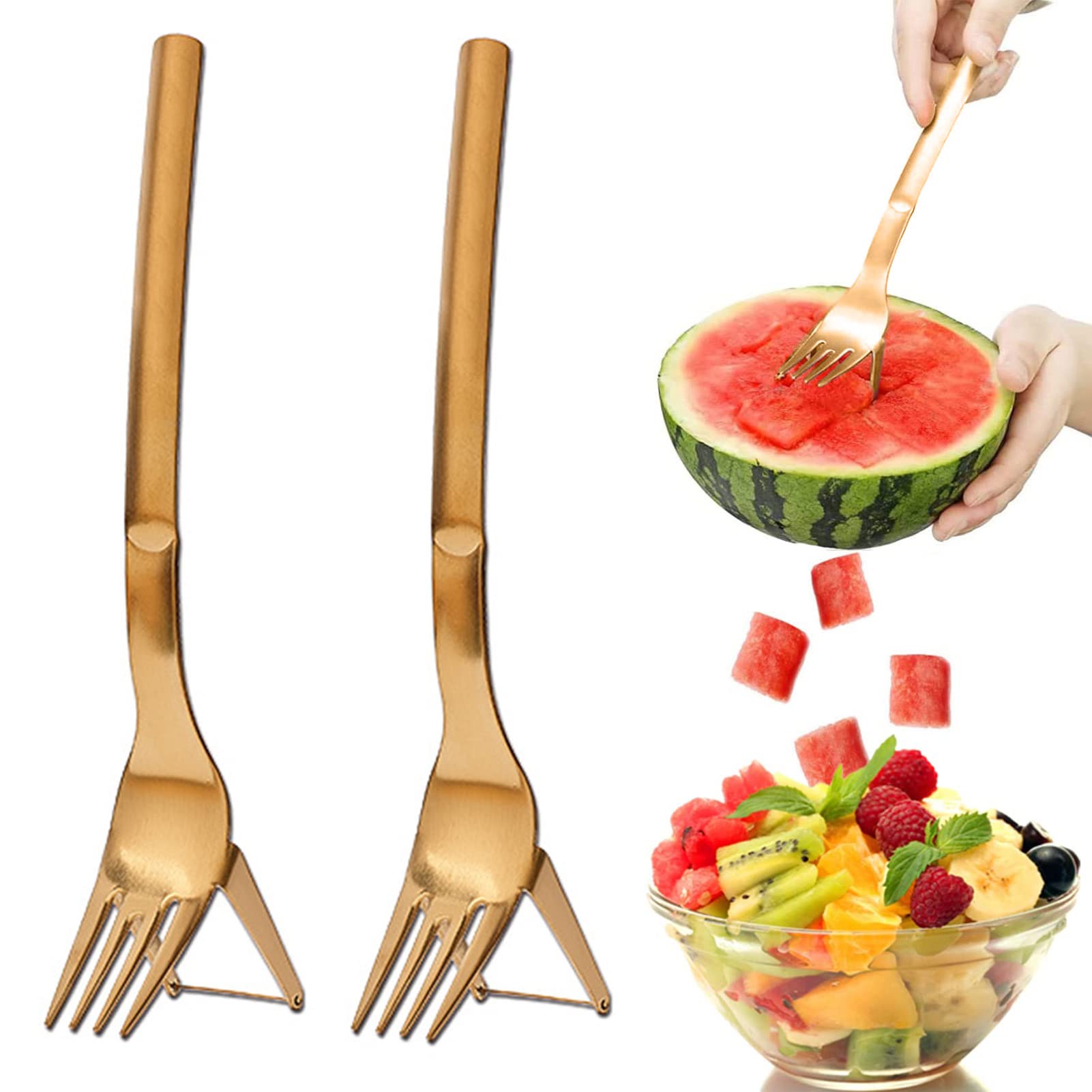 2 Pack Stainless Steel Watermelon Slicer & Fork - 2-in-1 Fruit Cutting Tool for Watermelons, Melons & Large Fruits - Perfect for Summer BBQs, Family Parties, Picnics & Camping Trips