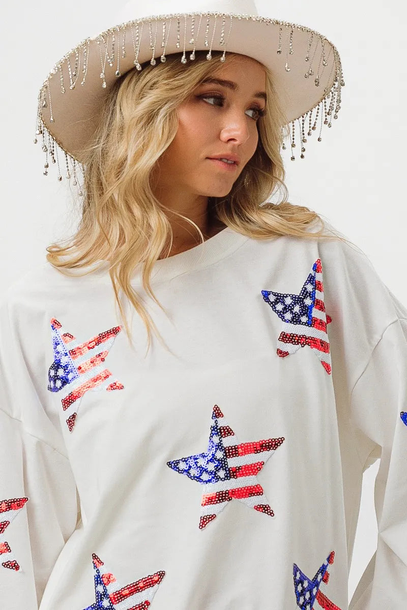 BiBi American Flag Sequin Star Sweatshirt - Patriotic Pullover with Sparkling Stars | Perfect for 4th of July, Veterans Day & USA Themed Parties