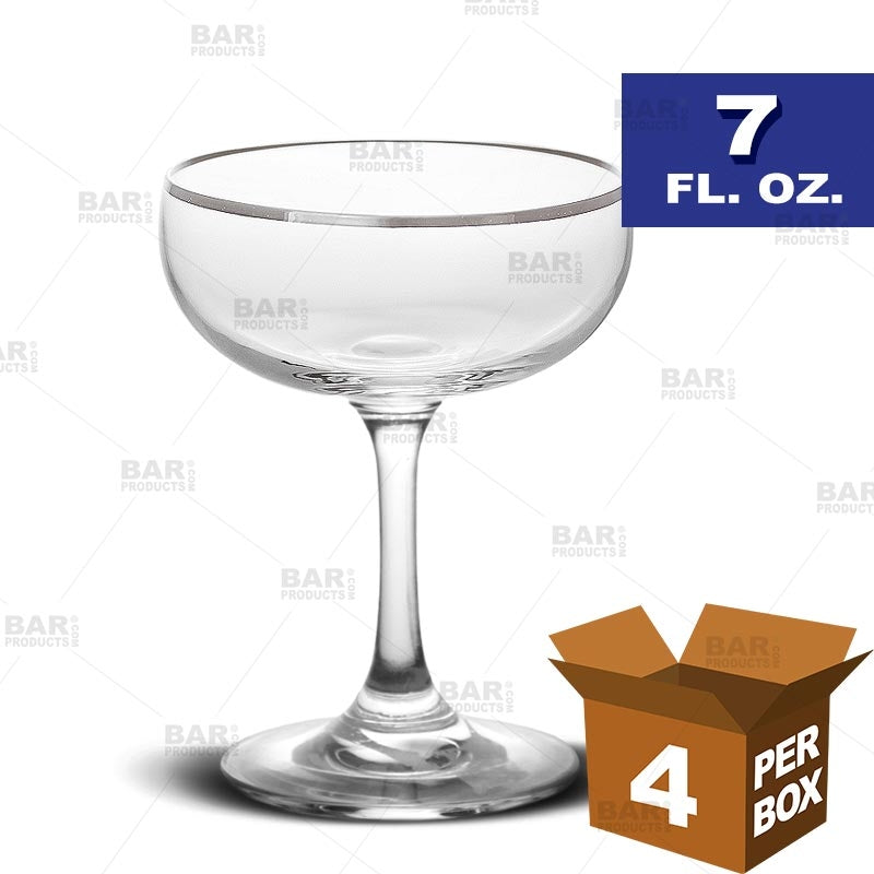 BarConic® 7 oz Silver Rimmed Coupe Glasses - Set of 4 Elegant Champagne Flutes for Weddings, Parties & Cocktail Serving