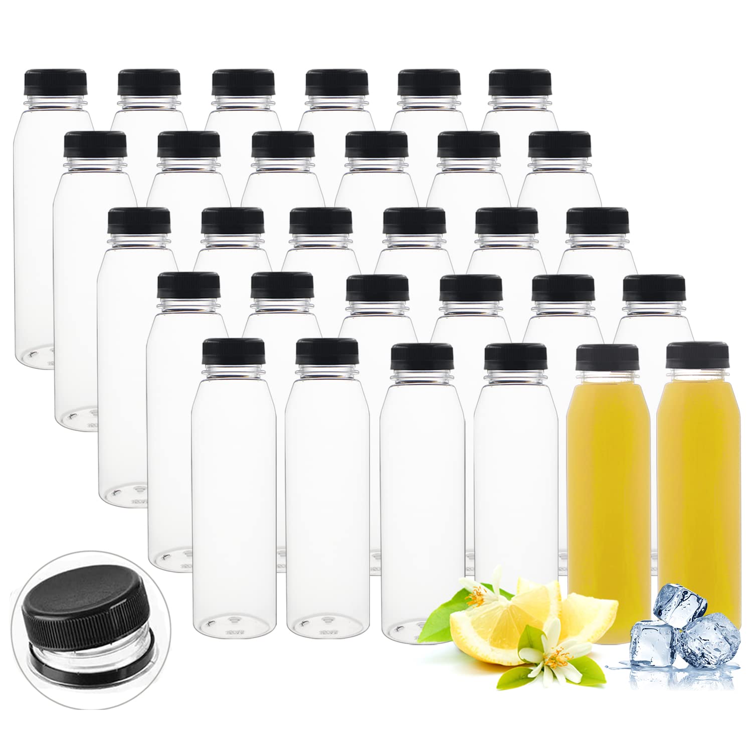 30 Pack 12 oz Clear Reusable Plastic Juice Bottles with Black Tamper-Evident Lids - Empty Beverage Containers for Juice, Milk, Water, Coffee - Includes Brush & Funnel - Perfect for Home Brewing, Meal Prep & DIY Drinks