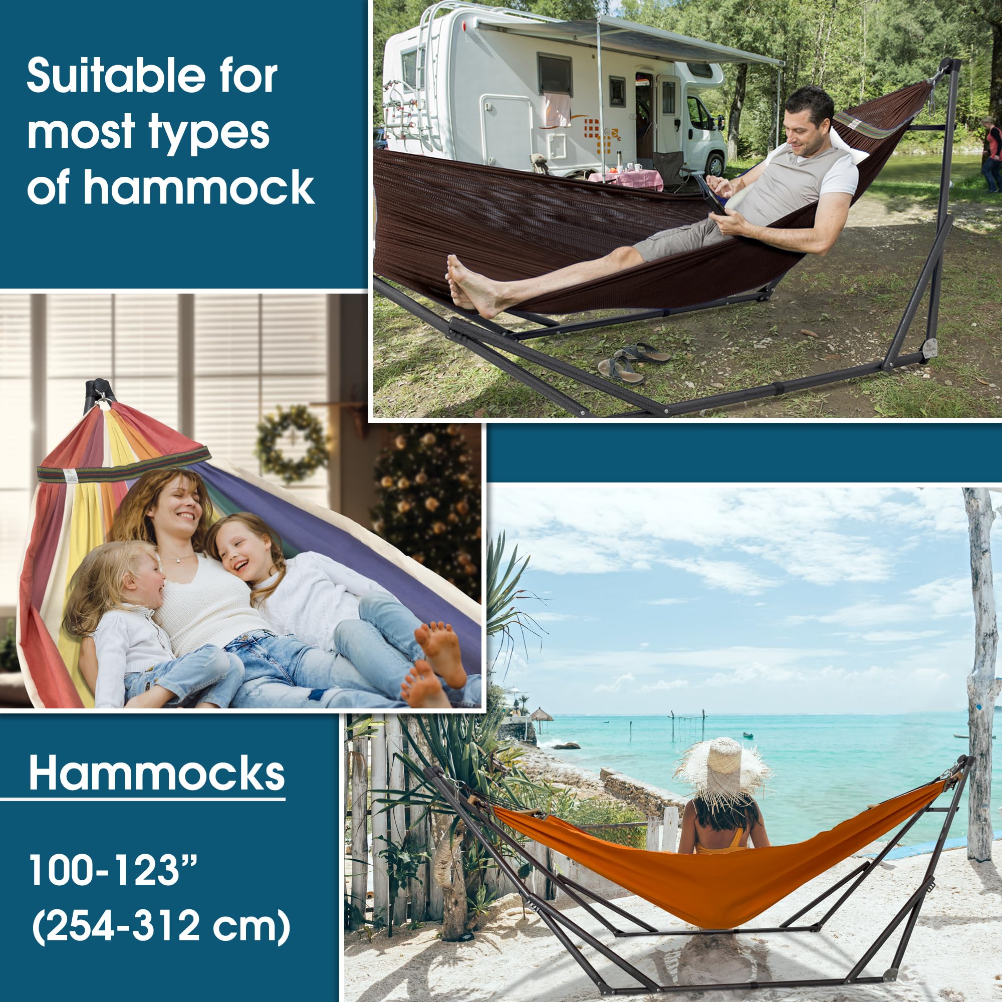 Tranquillo Adjustable & Collapsible Hammock Stand with 600 lbs Capacity - Double Hammock for 2 Persons - 30 Second Assembly - Portable for Camping, Travel, Picnic, Balcony & Backyard (Brown) - Perfect for Outdoor Relaxation, Beach Lounging & Backyard Getaways