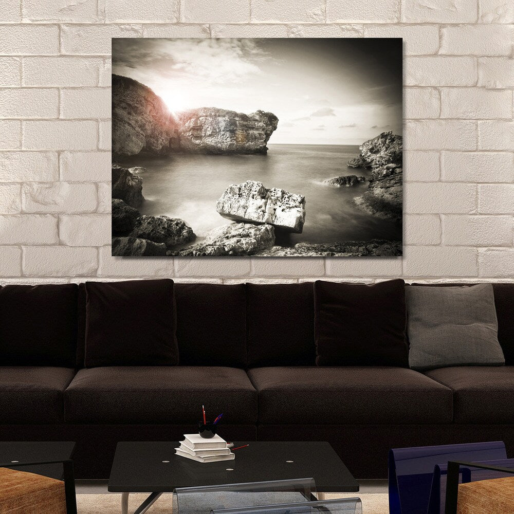 Black & White Ocean Sunset Giclee Print Canvas Wall Art - Coastal Beach Decor for Living Room, Bedroom & Office - Premium Framed Seascape Painting for Home & Office Decoration